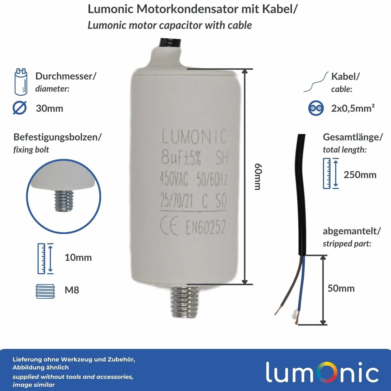 Lumonic Kondensator rozruchowy 8µF 450V | z Kabel I 30x60mm I 8uF I Kondensator silnikowy z plastikowa obudowa I Kondensator operacyjny I do pomp, kosiarek, narzedzi