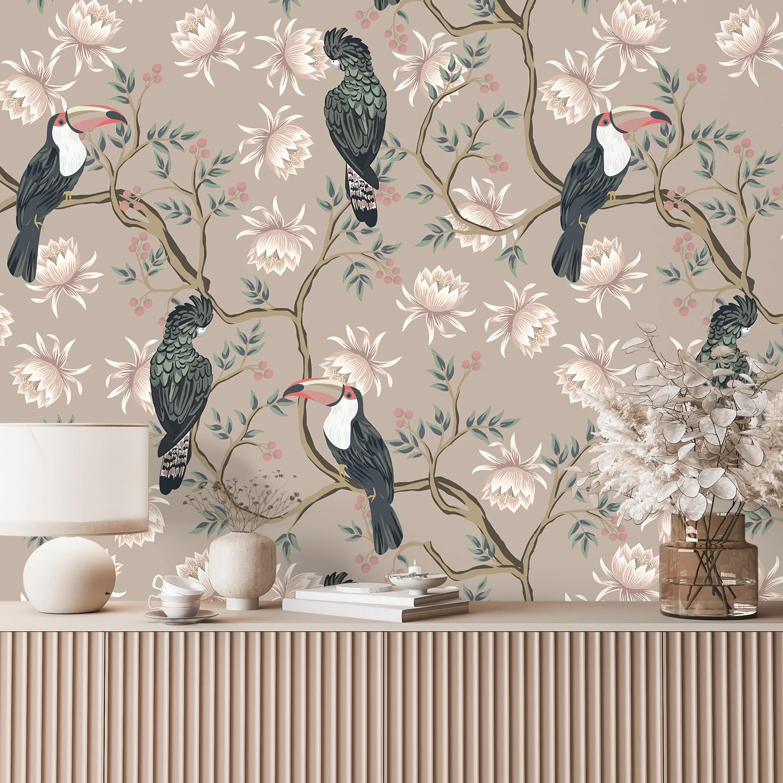 VEELIKE Tapeta kwiatowa z zakurzonymi różowymi ptakami, vintage chinoiserie, samoprzylepny papier kontaktowy z motywem liści, egzotyczna botaniczna sztuka ścienna, wzorzysty tropikalny mural ścienny