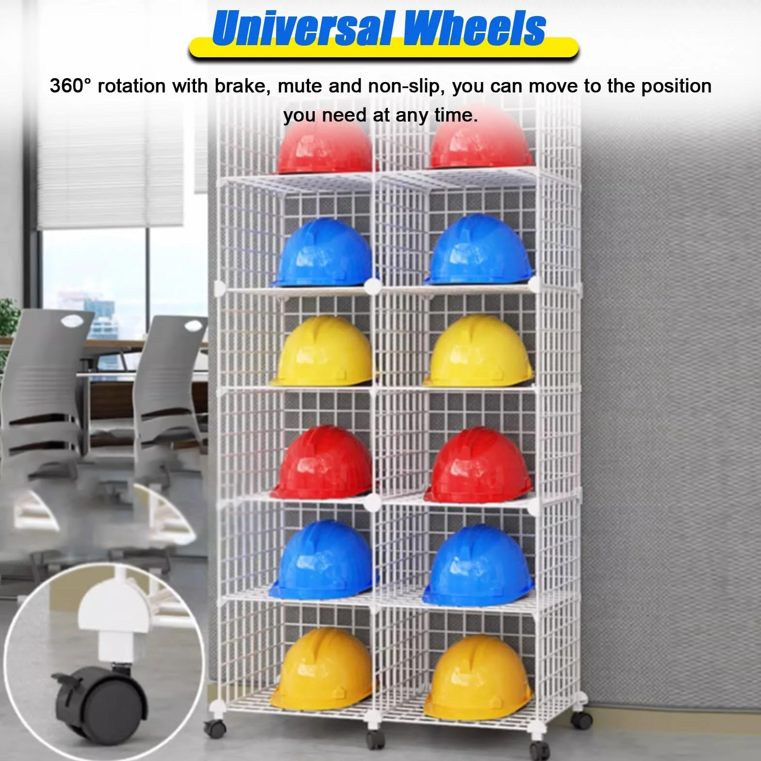 Pudełka do przechowywania kasków ochronnych z kółkami do układania w stos, regulowany, organizer na twarde kapelusze, na plac budowy, warsztaty, sklepy detaliczne, trwała biała rama z drutu żelaznego