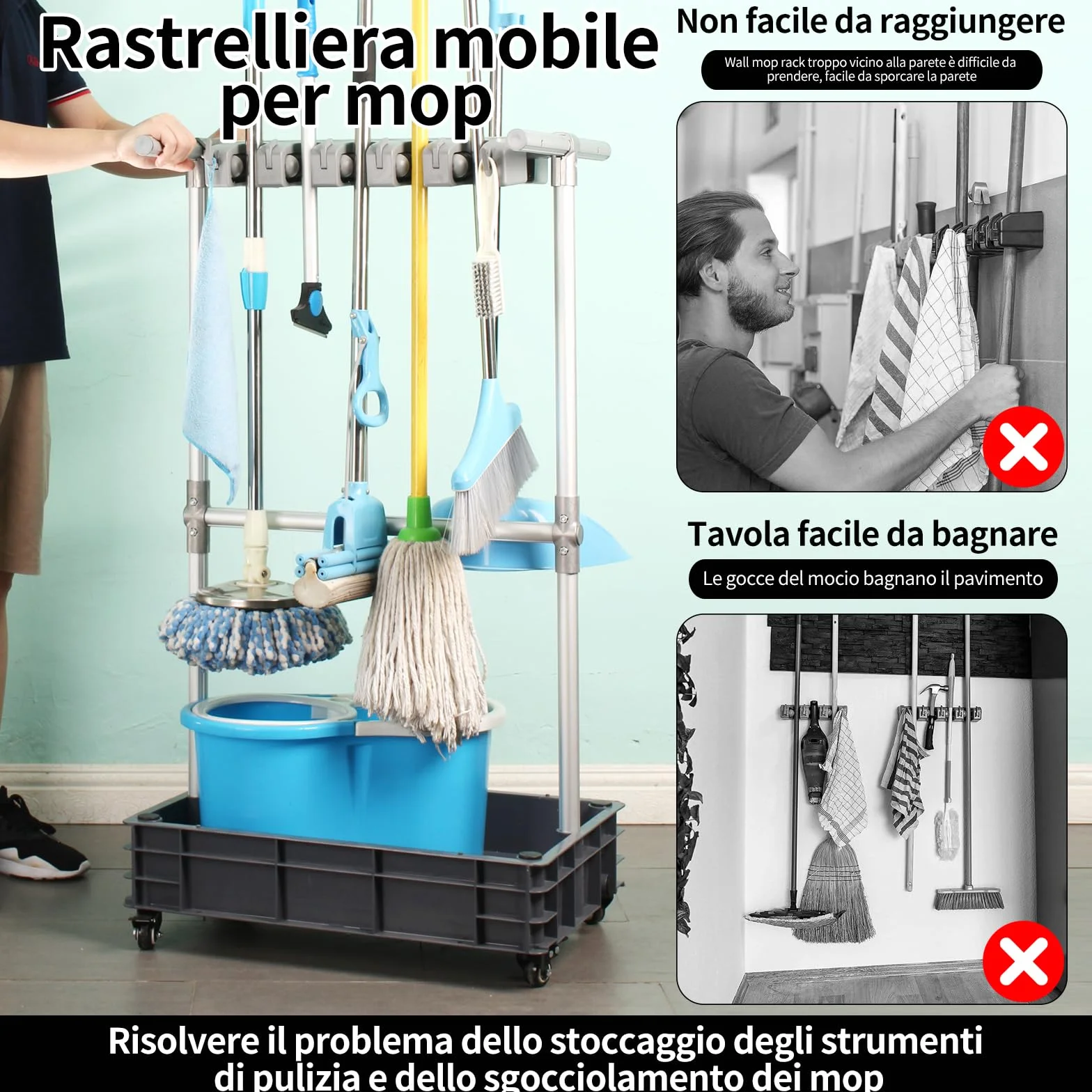 Uchwyt na mop pojemnik na miotłę mobilny wózek do czyszczenia