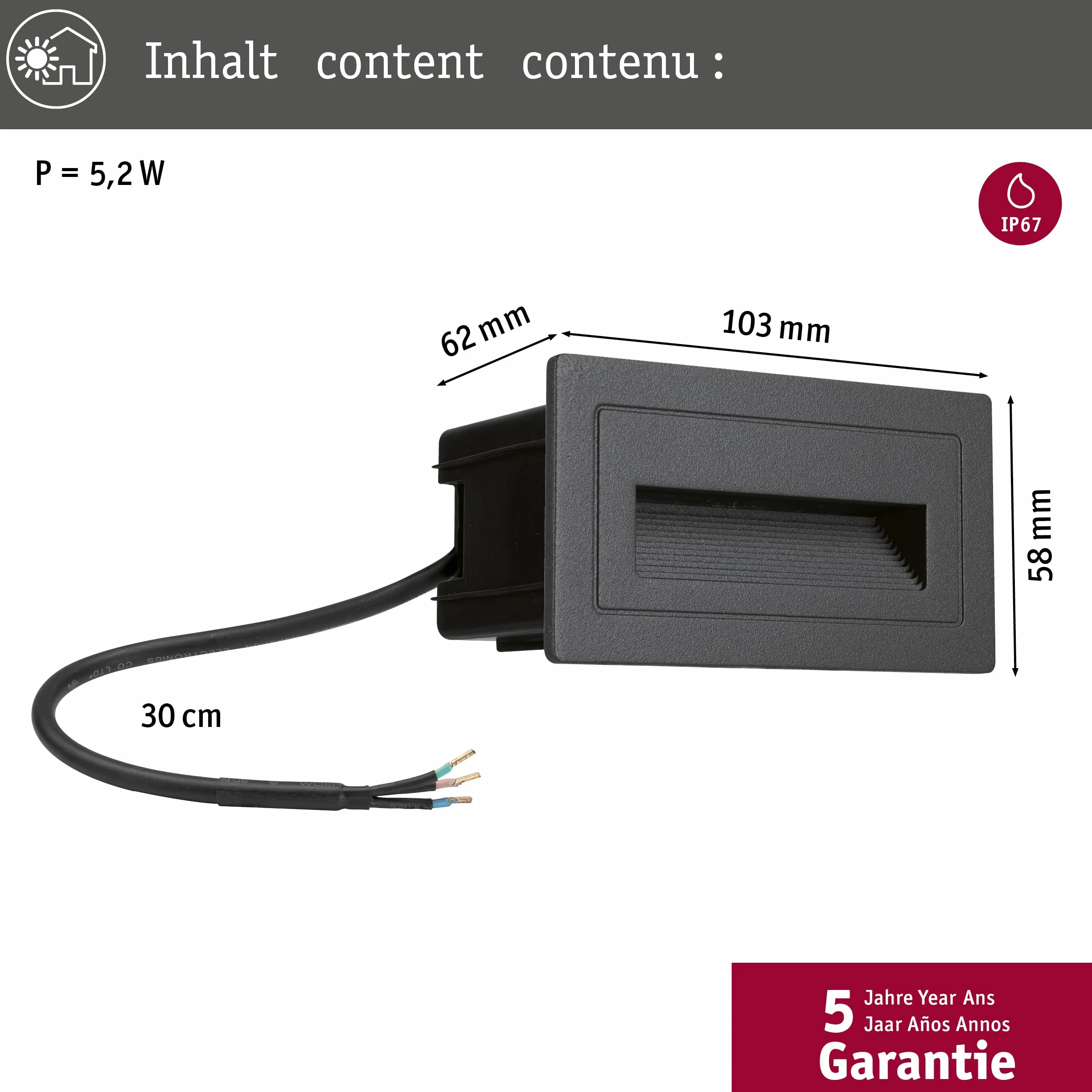 Paulmann 94383 LED oprawa zewnętrzna oprawa wpuszczana w ścianę zewn. Long IP65 103x58mm czworok. w kompl. 1x4 W czarna lampa zewn. aluminium 3000 K