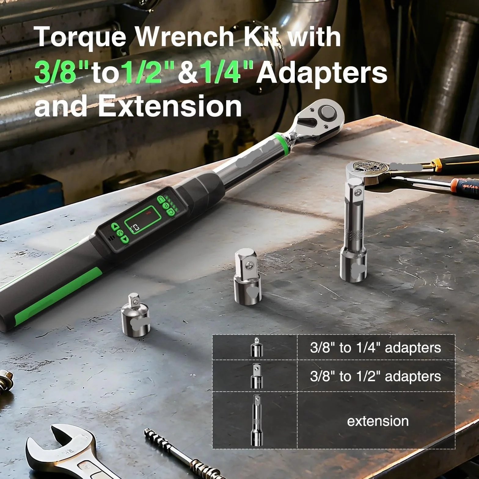 Klucze dynamometryczne Cyfrowy klucz dynamometryczny 3/8 cala z adapterem 1/4 1/2 Dwukierunkowa głowica grzechotkowa Mini Electronic Telescopic Ratchet