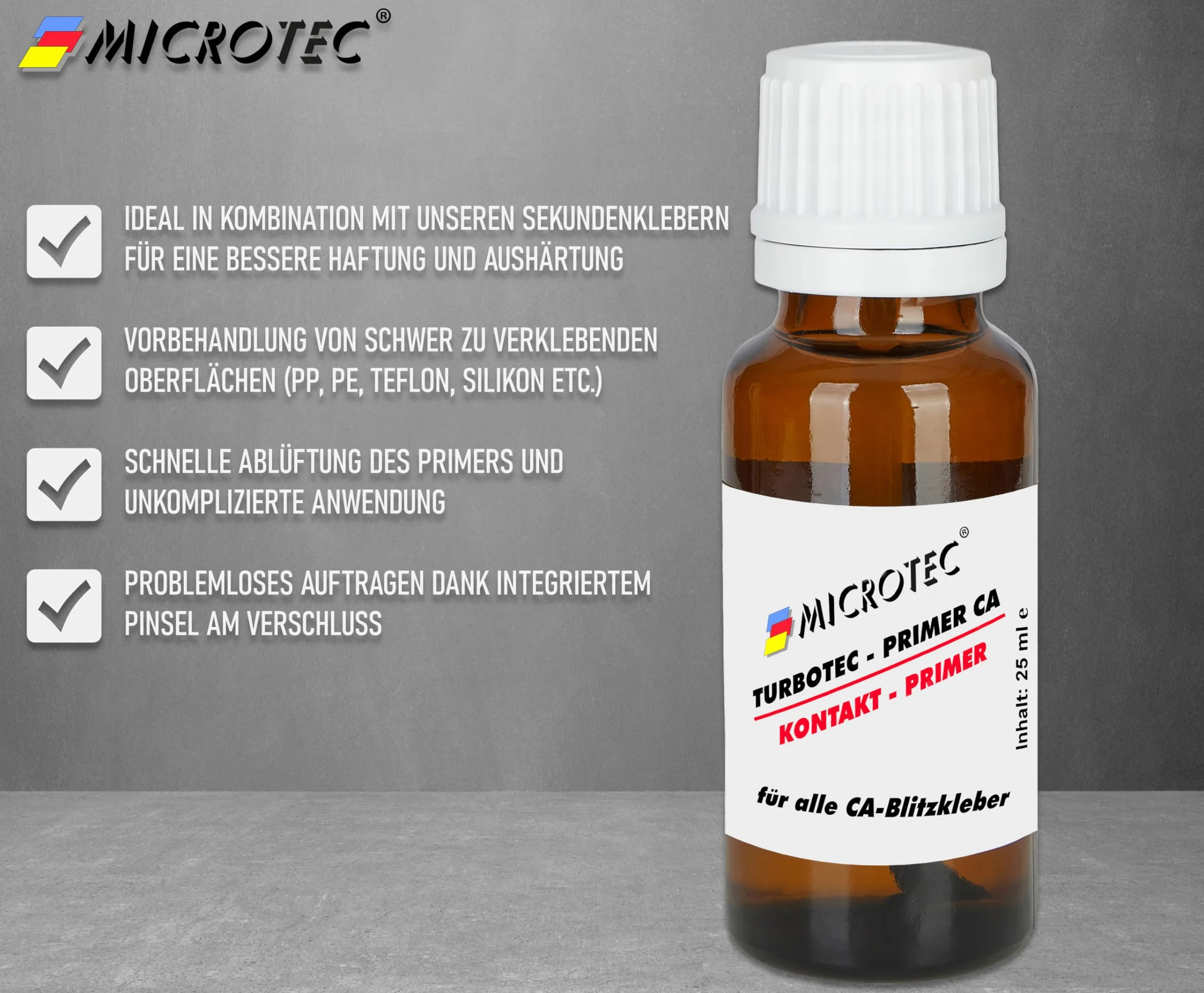 Microtec® Primer CA | niezawodny środek wiążący do kleju CA | 25 ml | do wstępnej obróbki trudnych do sklejenia powierzchni | bardzo silne działanie | do polipropylenu, polietylenu, teflonu, silikonu