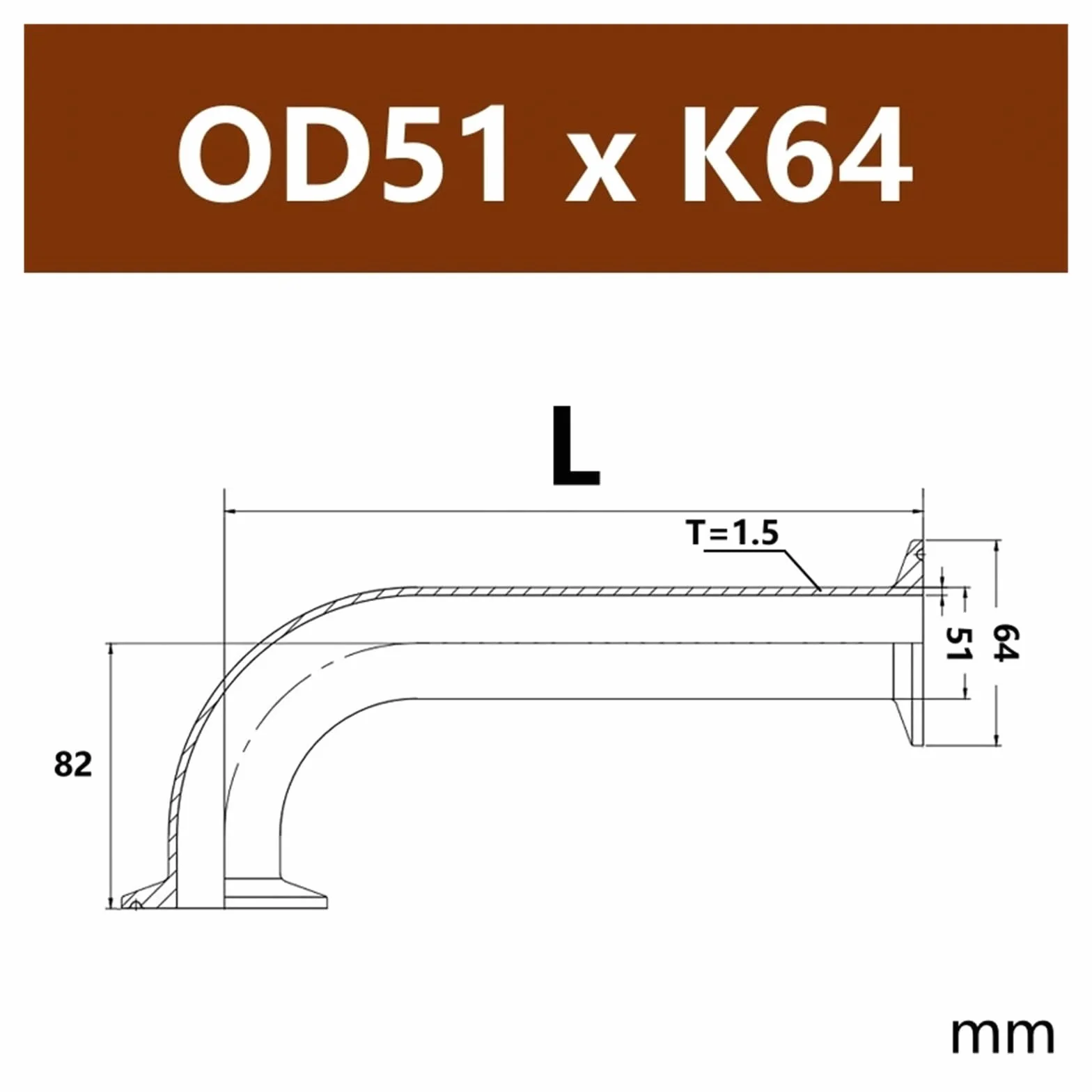 Revive Furniture Złączka do rur sanitarnych Homebrew 304/316L ze stali nierdzewnej 90 stopni Tri Clamp, z długim przedłużeniem, 25, 38, 51 mm, 1"1,25"1,5"2"(OD51x64,L457MM_SS316L)