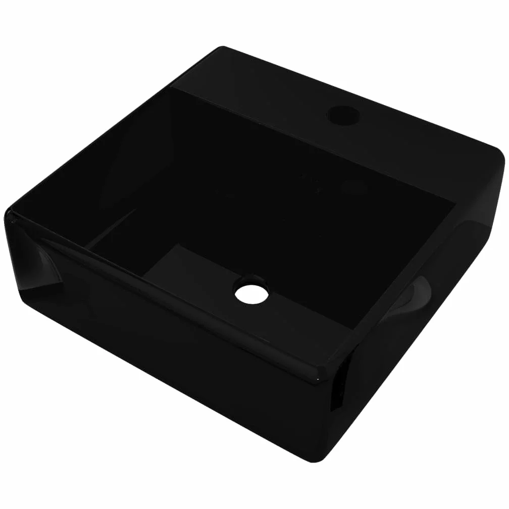 Owalna umywalka ceramiczna czarna z otworem przelewowym | Powierzchnia o wysokim połysku, otwór na kran 3,5 cm, otwór odpływowy 4,5 cm, montaż na stojąco
