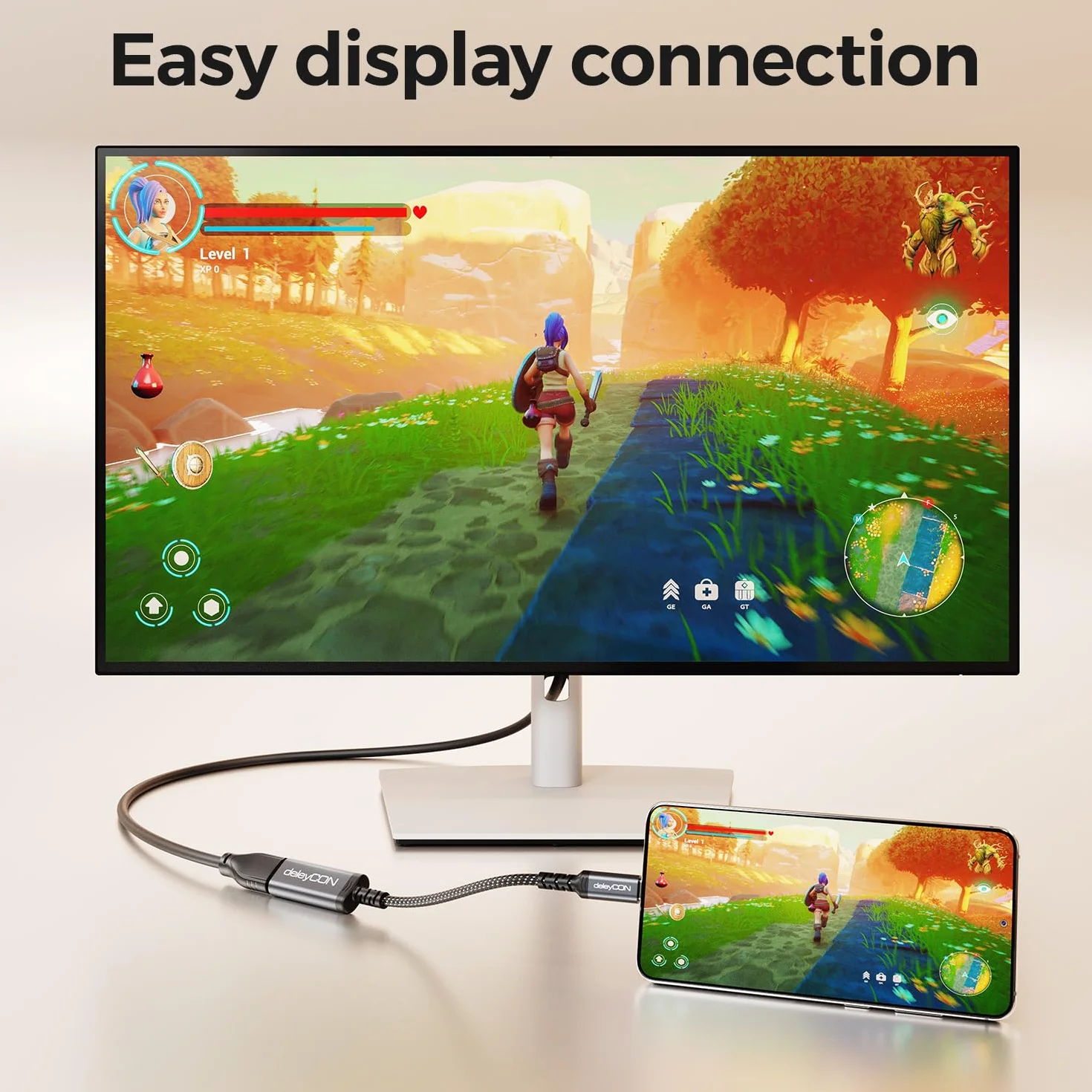 deleyCON Adapter Kabel USB‑C na DisplayPort (4K@60Hz, 2K@165Hz) - do Monitorów DisplayPort - MST, Kompatybilny z Thunderbolt 3/4, iPhone 17/16/15, Notebookami, MacBook, iPad Pro/Air, Galaxy S25/S24