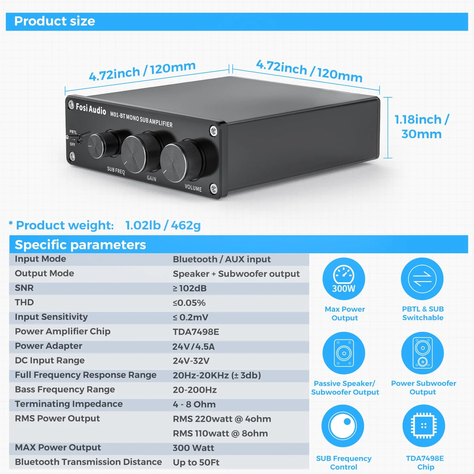 Fosi Audio M01-BT Bluetooth 5.0 300 W subwoofer wzmacniacz mono do pasywnego subwoofera