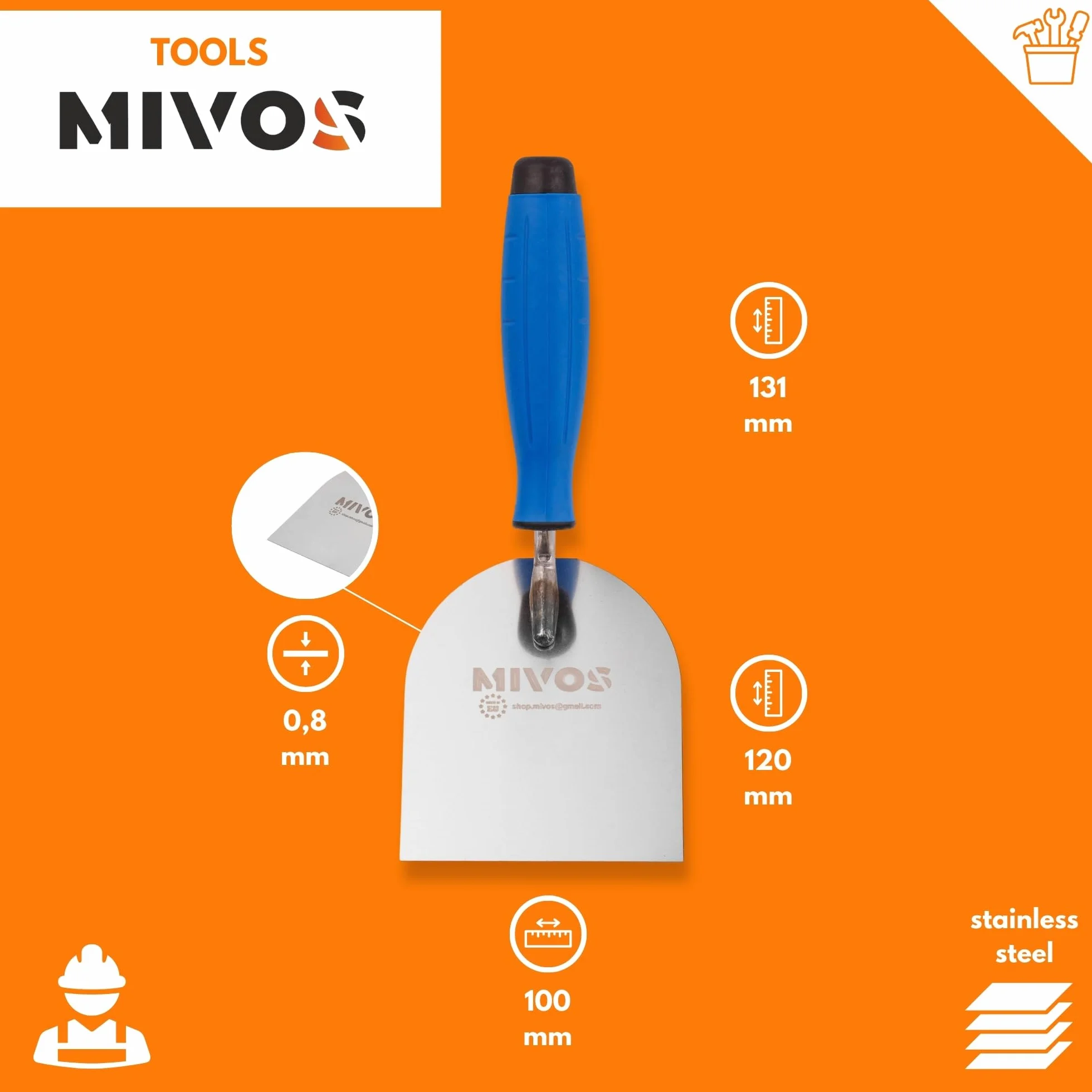Mivos Szpachla sztukatorska 100 x 120 mm z miękkim uchwytem – nierdzewna – kielnia murarska 100 mm – szpachla gipsowa – kielnia do tynkowania – kielnia do prac murarskich – wyprodukowano w UE