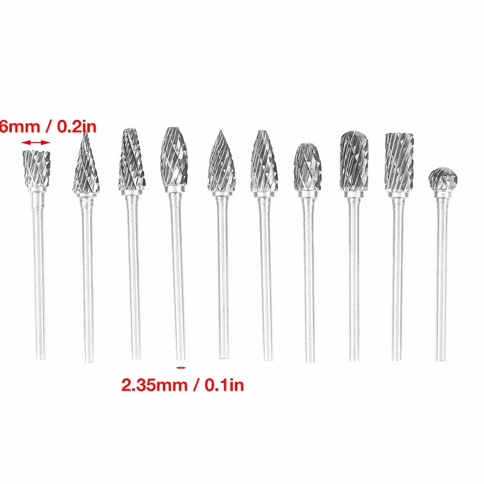 Pilniki obrotowe do frezów stalowych, 10 sztuk 2,35 x 6 mm frezy obrotowe frezy z węglika wolframu stal zestaw narzędzi do rzeźbienia metalu