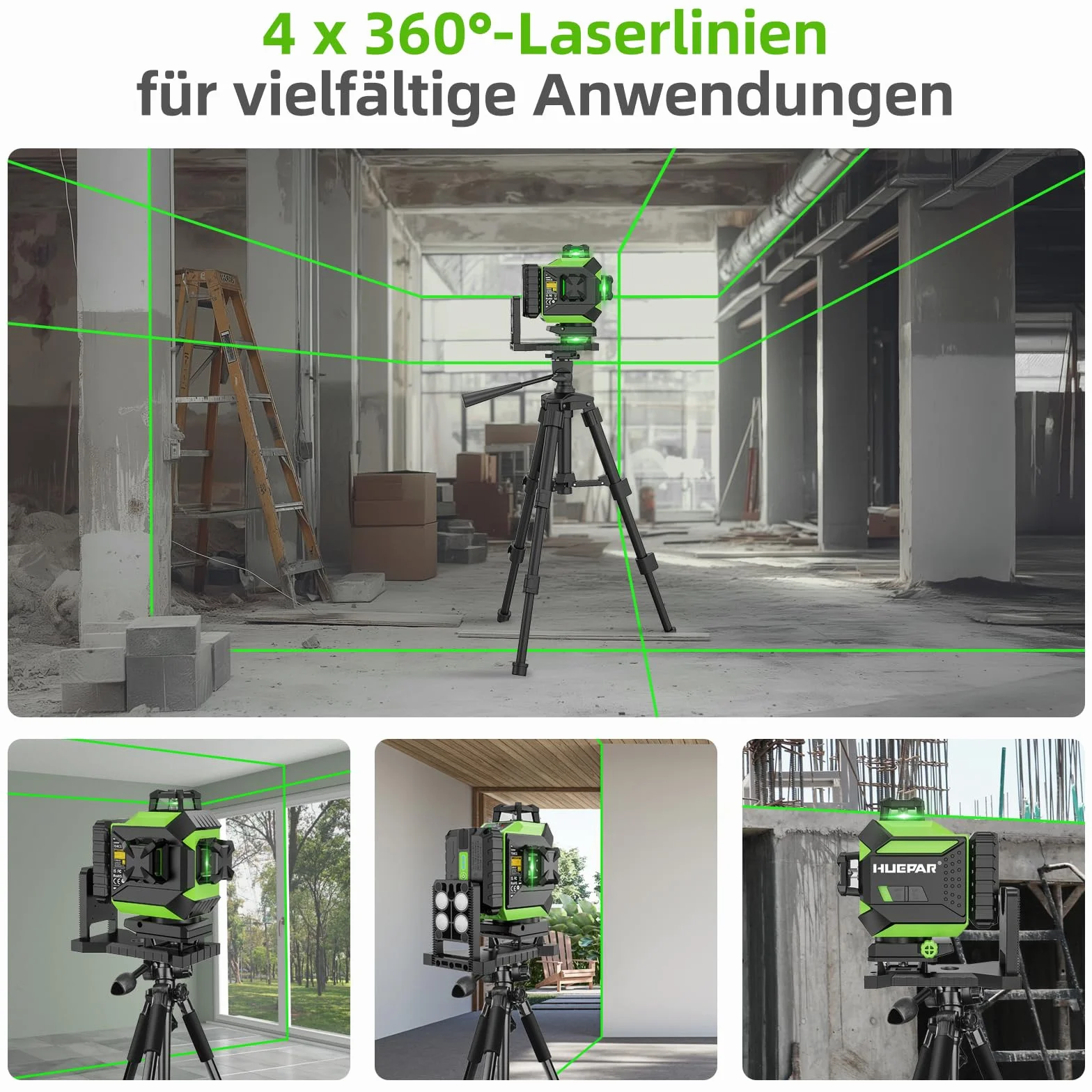 Huepar 4x360 Laser Cross Line 4D Automatyczne poziomowanie Zielone światło Linia krzyżowa 16 linii do płytek podłogowych Narzędzie laserowe-2x360 Pozioma/pionowa linia laserowa-Akumulator 704CG
