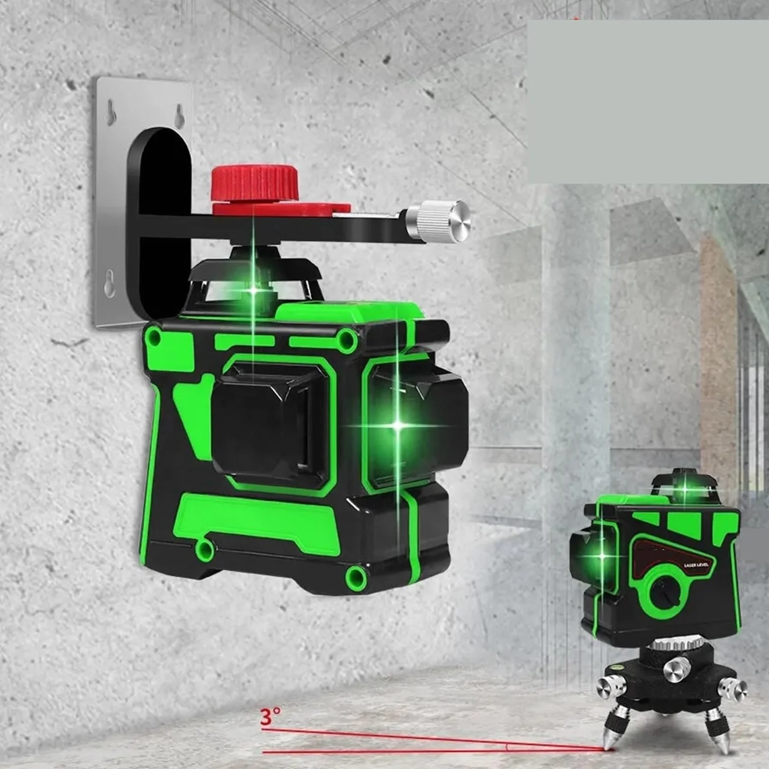 Dalmierz laserowy, Poziomica Laserowa 12 Linii Samopoziomujący 3D 360 Stopni W Poziomie I Pionie Super Mocna Zielona Wiązka Światła
