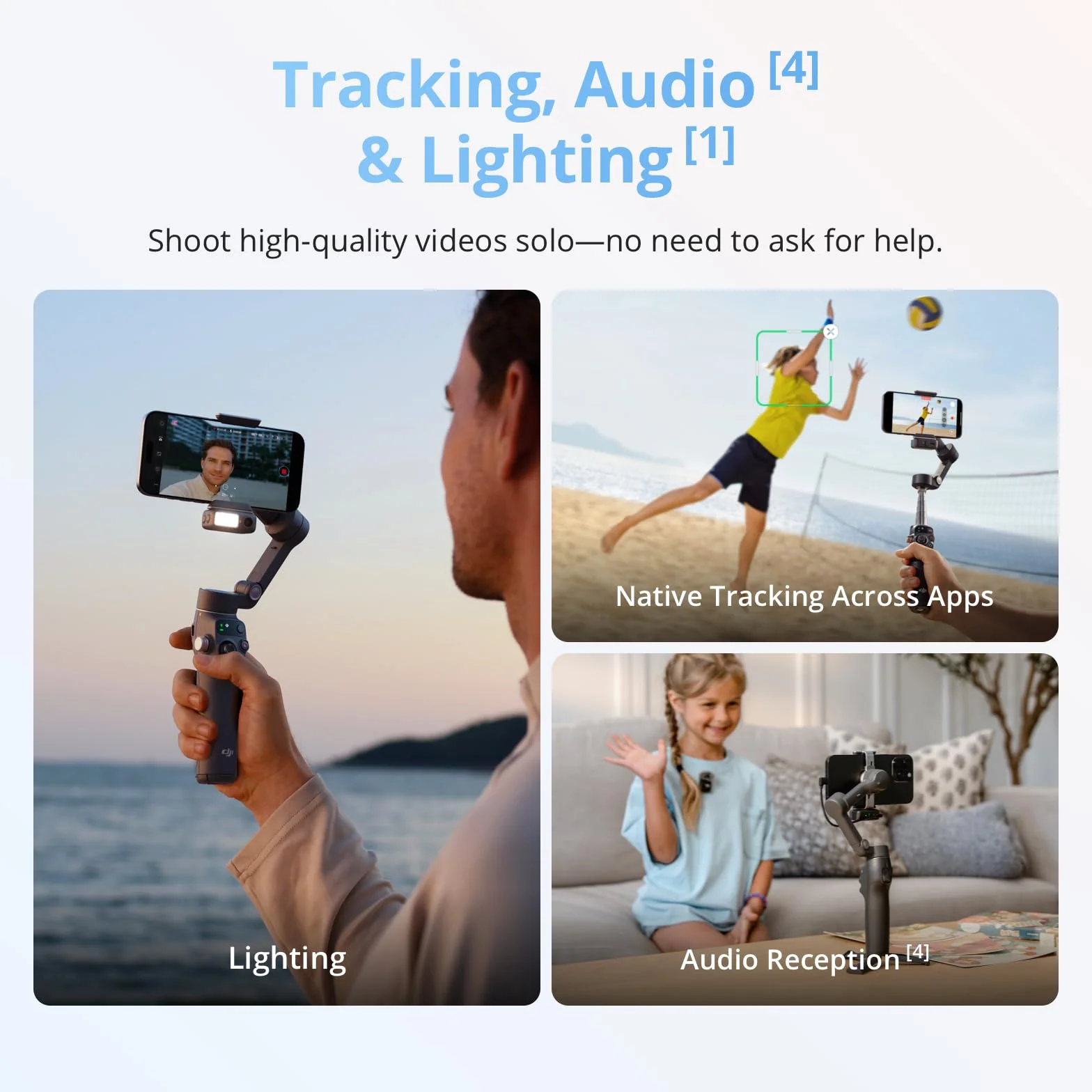 DJI Osmo Mobile 8 stabilizator gimbala do telefonu, natywne śledzenie z dźwiękiem i oświetleniem, obrót 360°, wbudowany drążek przedłużający i statyw, bateria 10 h, drążek przedłużający, solidna