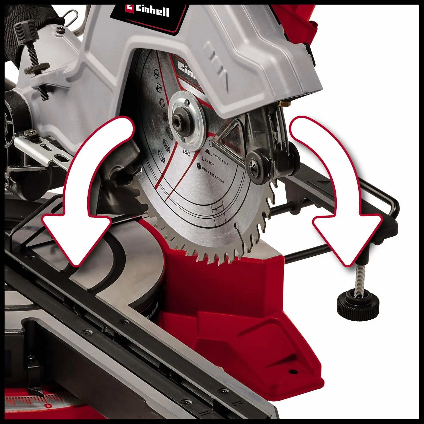 Einhell Piła promieniowa TE-SM 8 L Dual (1800 W, Ø 216 mm, szerokość cięcia 305 mm, głębokość cięcia 65 mm, linia cięcia laserowa, głowica piły odchylanej po obu stronach)
