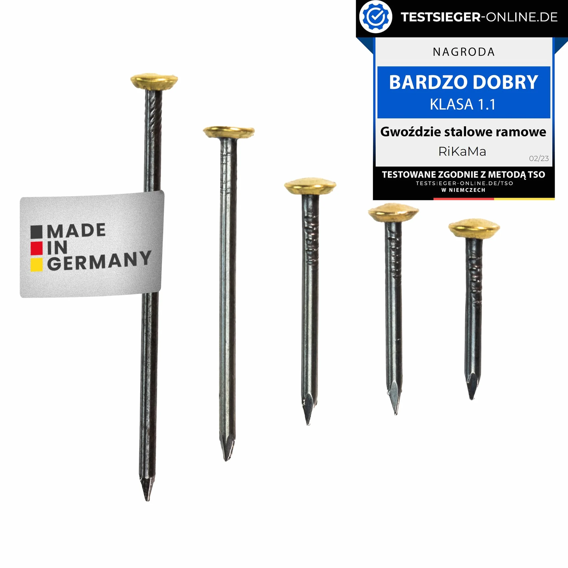 RIKAMA 50 gwoździ obrazowych w mieszance 10 x 20 mm, 25 mm, 30 mm, 40 mm, 50 mm, stalowe gwoździe do betonu, cegły, tynku i drewna, wyprodukowano we Włoszech, złota główka