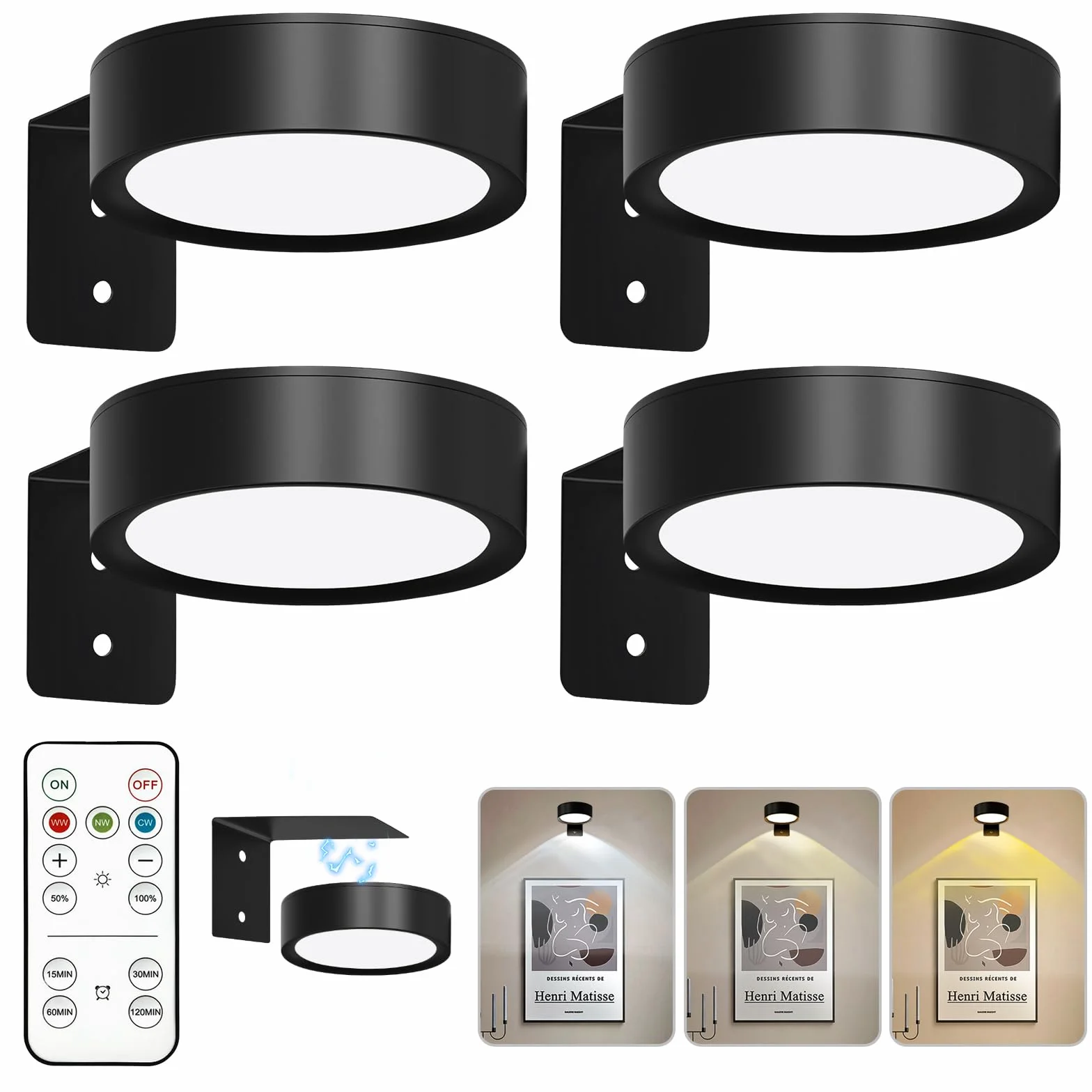 4 sztuki lamp na baterie z pilotem zdalnego sterowania, lampa magnetyczna do obrazów, 3 kolory oświetlenia, lampa ścienna LED na tablice, cel, ramka na zdjęcia