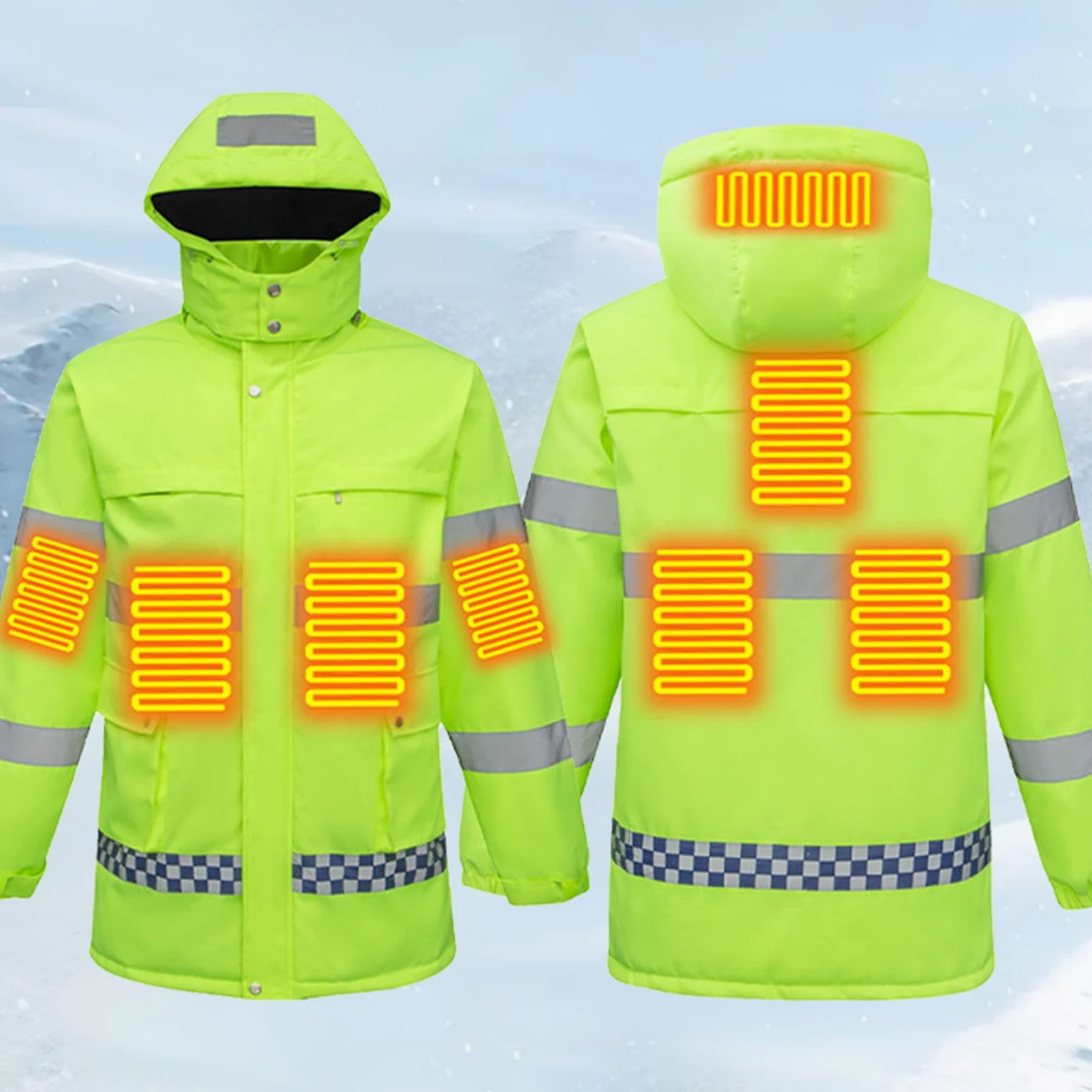 Ogrzewana kurtka robocza z kapturem, odblaskowa, o wysokiej widoczności, kurtka ochronna, odzież robocza z funkcją ogrzewania.Green,6XL