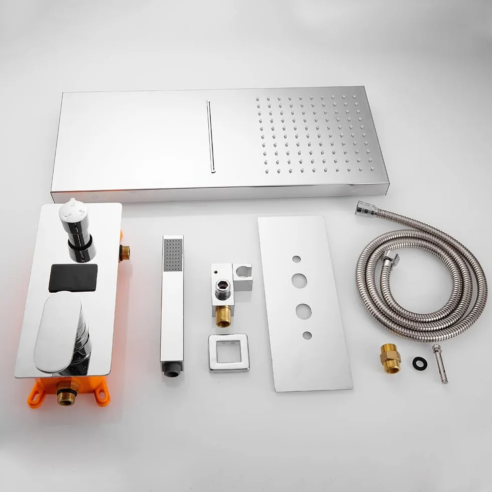 Podtynkowy system prysznicowy z słuchawką prysznicową, armatura prysznicowa LED, zestaw prysznicowy z termostatem, głowica prysznicowa, deszczownica, panel prysznicowy, do masażu, wodospad, srebrna