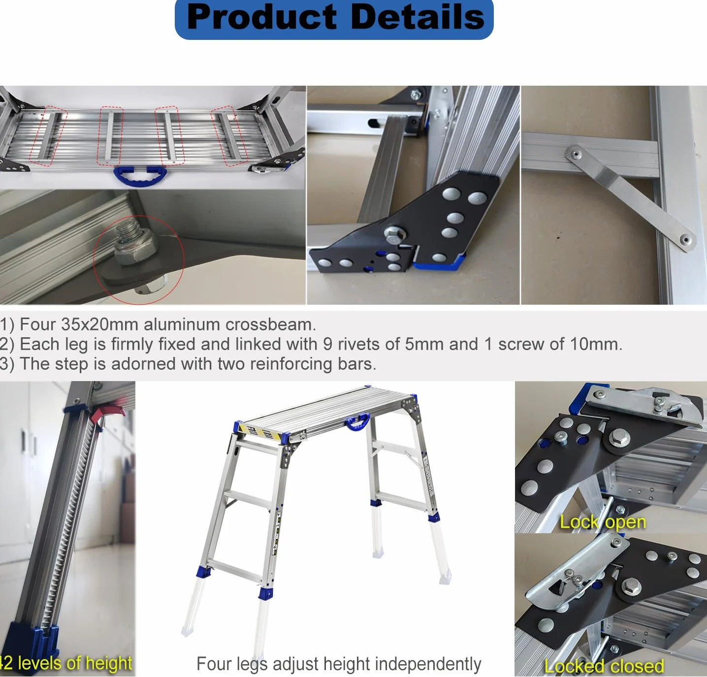 Platforma robocza 100 x 30 cm, 2-stopniowa platforma robocza składana, z antypoślizgową gumową matą, wszystkie nogi z regulacją wysokości od 65 do 90 cm, nośność 150 kg