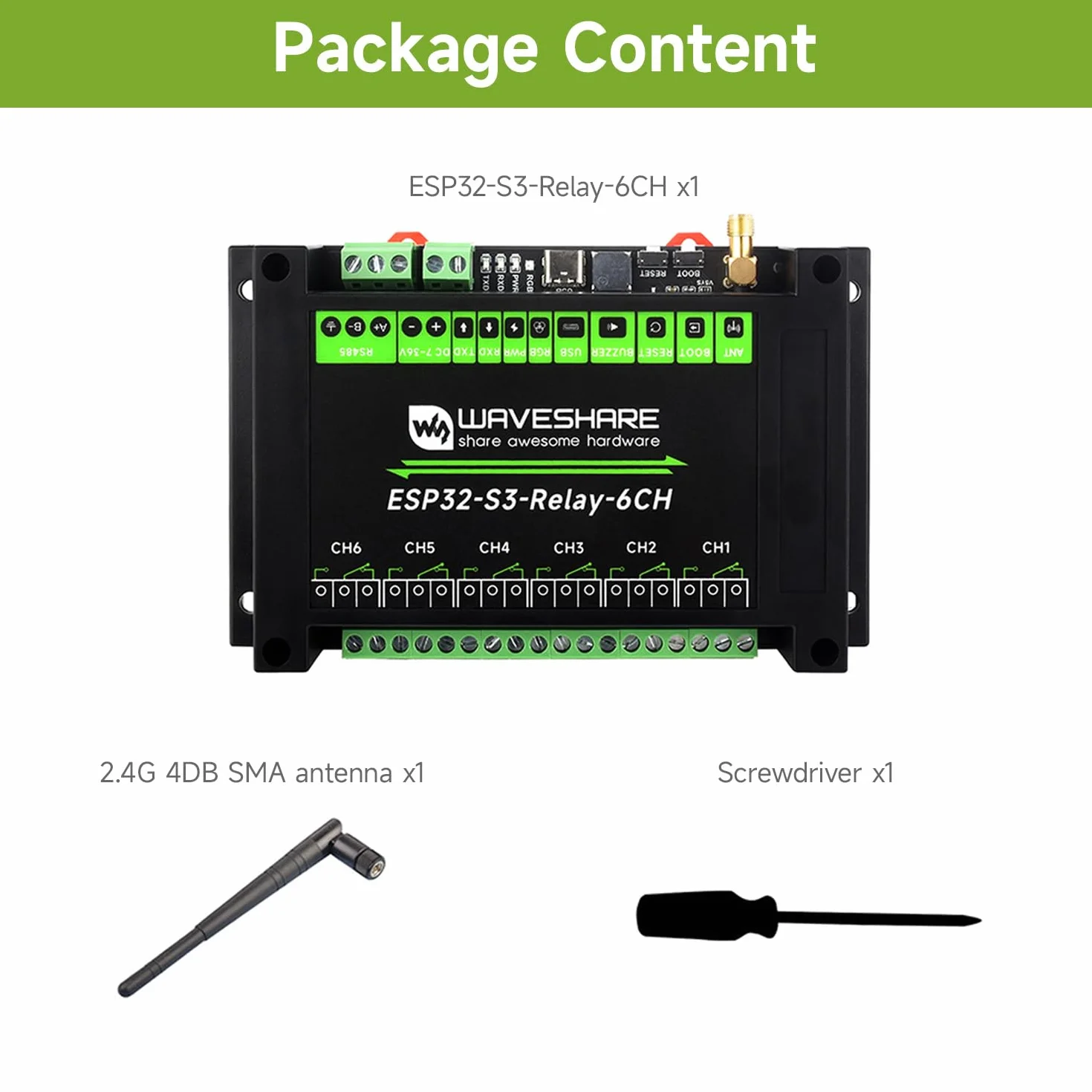 Waveshare Industrial 6-Channel ESP32-S3 WiFi Relay Module, Onboard RS485 / Pico HAT Interfaces, With Multiple Isolation Protection Circuits, Industrial-Grade, Rail-Mount Case