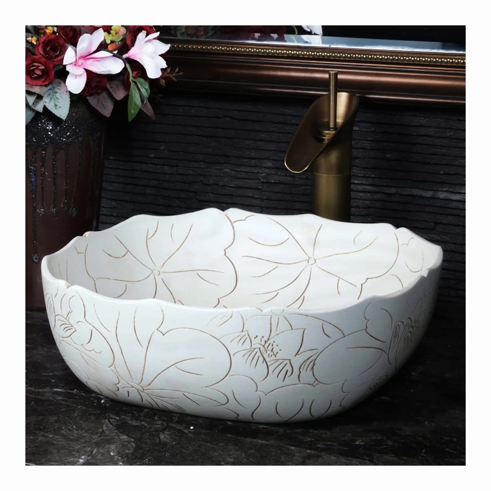 Umywalka Łazienkowa Nablatowa, Kwadratowa, 15,7" X 15,7", Ręcznie Rzeźbiona, Wzór Lotosu, Biała Porcelana, Ceramiczna Umywalka Łazienkowa, Umywalka Nablatowa, Umywal