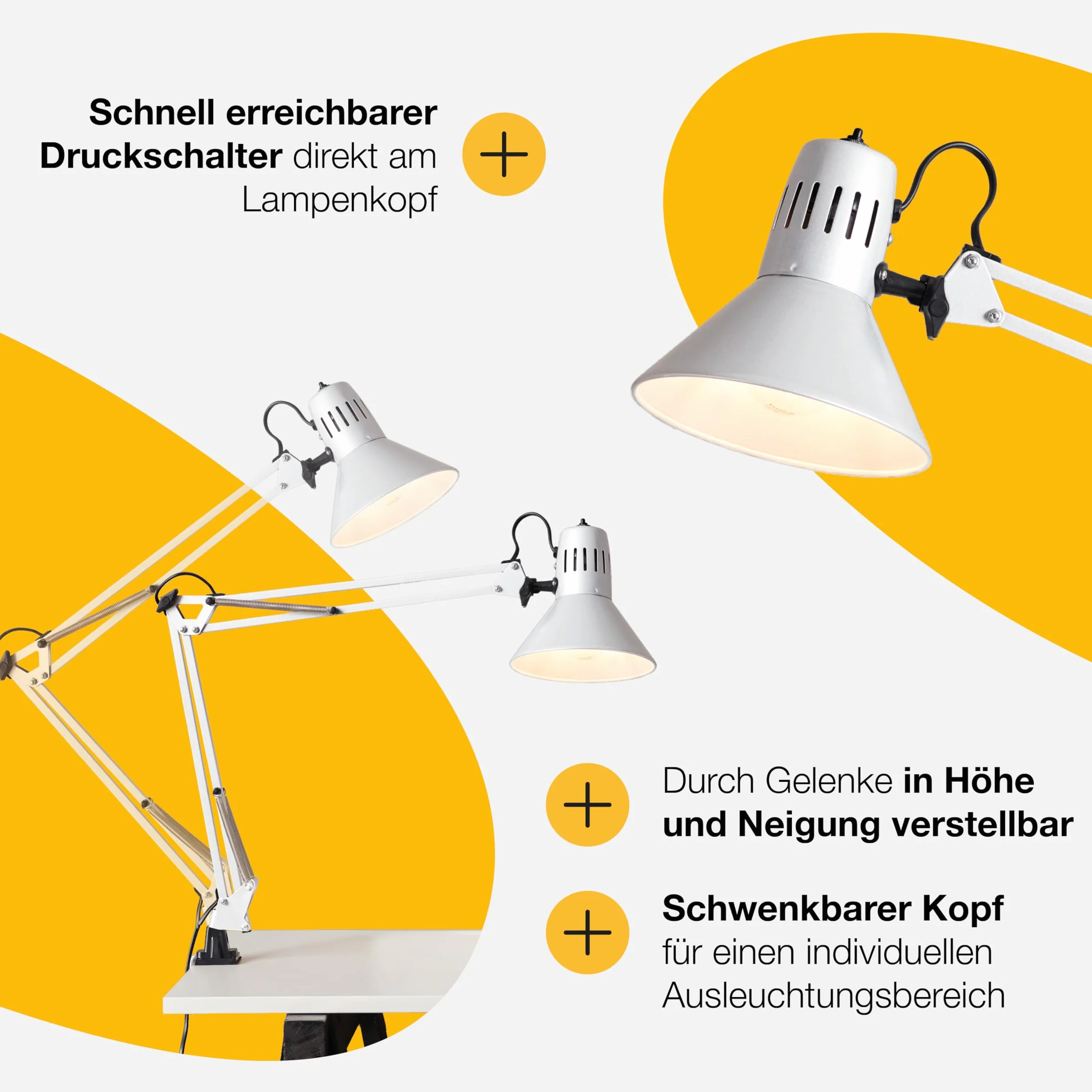 Brilliant Lampa zaciskowa Hobby biała 10802/05 | Lampa biurkowa, wysokość 70 cm, Ø 17 cm, E27, maks. 40 W, wychylny