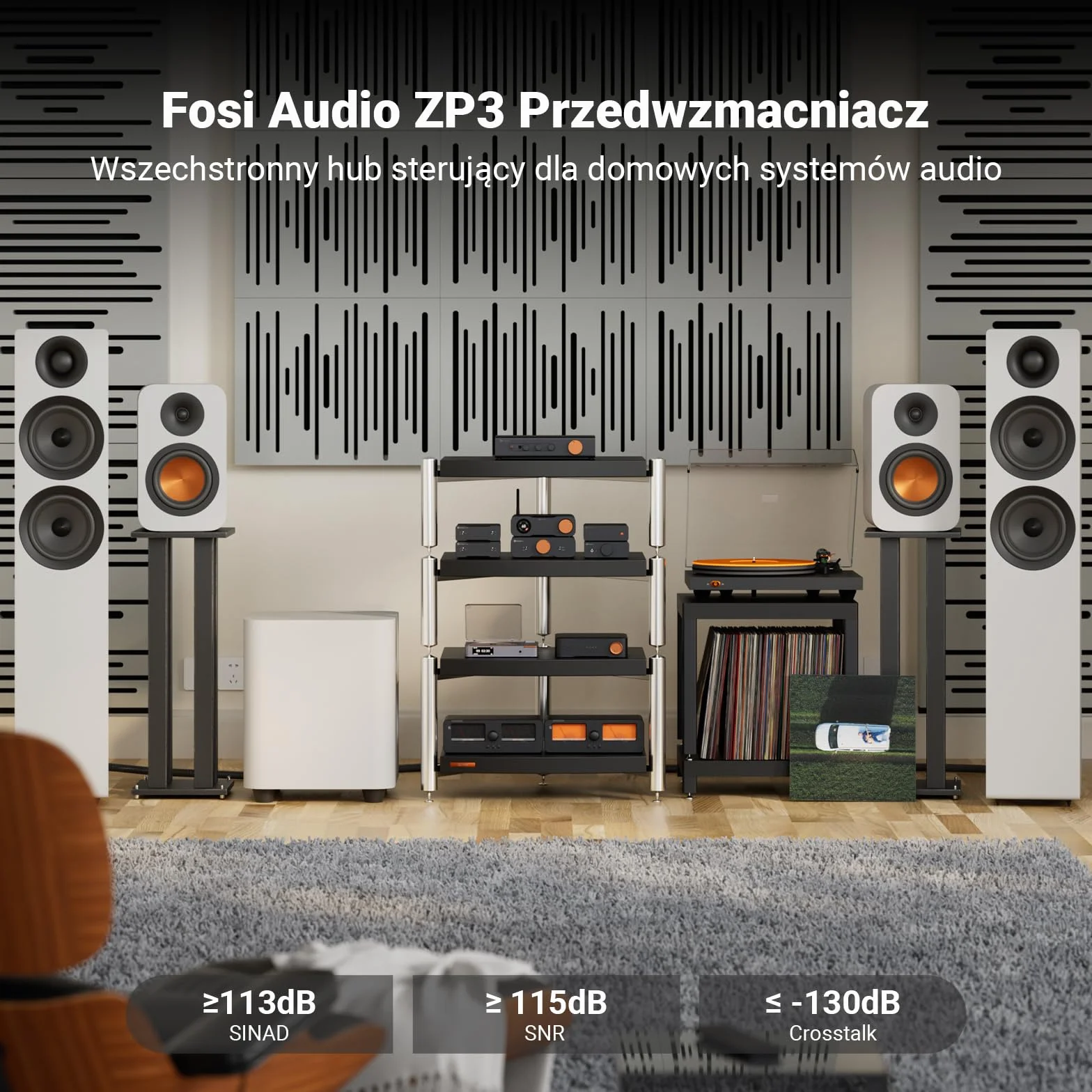 Fosi Audio ZP3 Zbalansowany Przedwzmacniacz, 2 Wejścia RCA i 1 XLR, Wyjścia RCA/XLR i Subwoofera, Filtr Górnoprzepustowy HPF