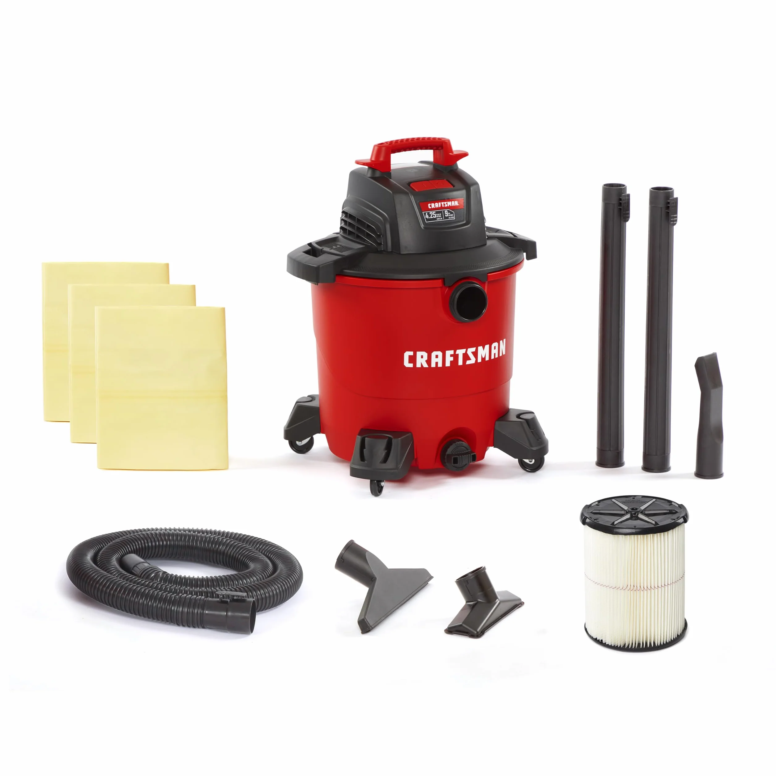 Craftsman CMXEVBE18590 Przenośny odkurzacz ogólnego zastosowania z 3 workami do zbierania kurzu i akcesoriami, kolor czerwony