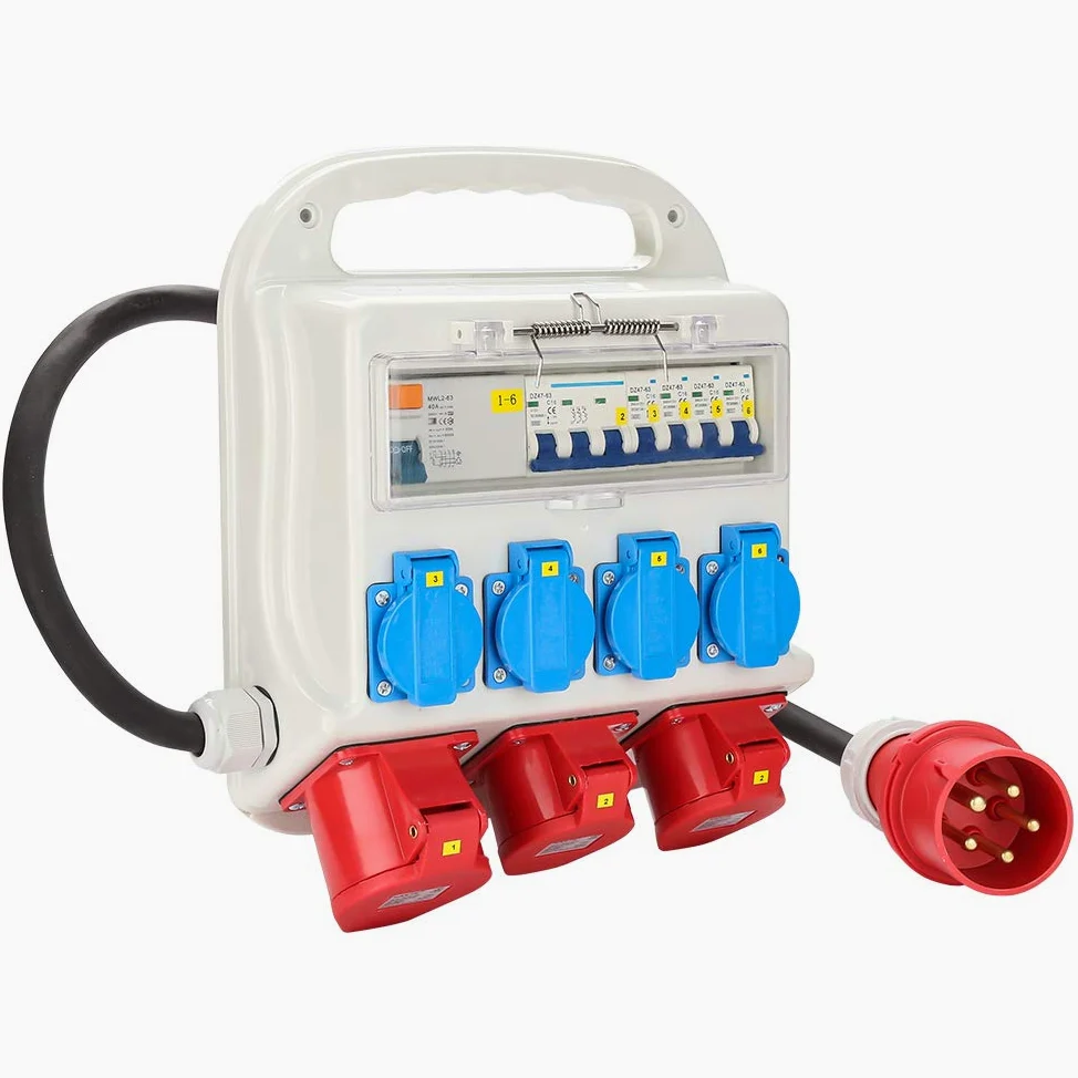 Randaco Wyłącznik ochronny FI 2 x CEE 400 V/16 A + 4 x 230 V Schuko IP44 5-biegunowy rozdzielacz prądu rozdzielnica budowlana rozdzielnica naścienna rozdzielacz z przewodem pokrywy z klapką bezpieczeństwa na plac budowy
