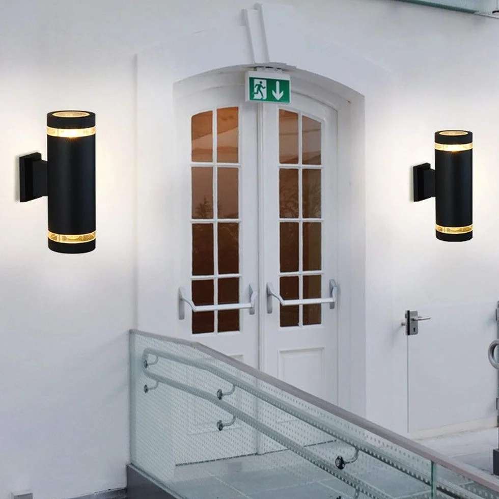 Kinkiety ścienne, oświetlenie zewnętrzne wysoka i dolna rura aluminiowa nowoczesna lampa ścienna szklana wodoodporna lampa zewnętrzna 2Xe27