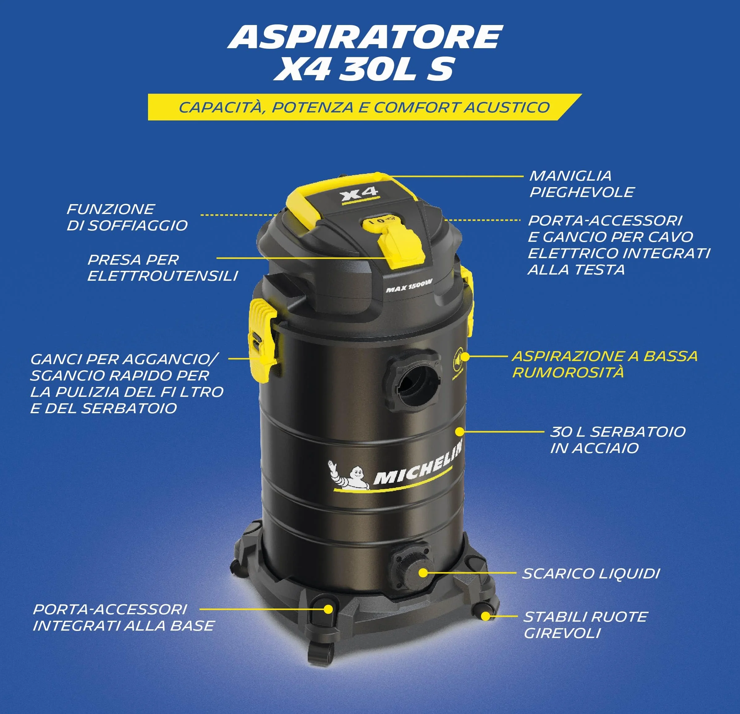 MICHELIN, X4 30L S odkurzacz stały i ciecz, cichy zakres, zbiornik ze stali 30 l, z gniazdem elektronarzędzi, 1000 W, w komplecie z akcesoriami, funkcja dmuchania, 19 kPa
