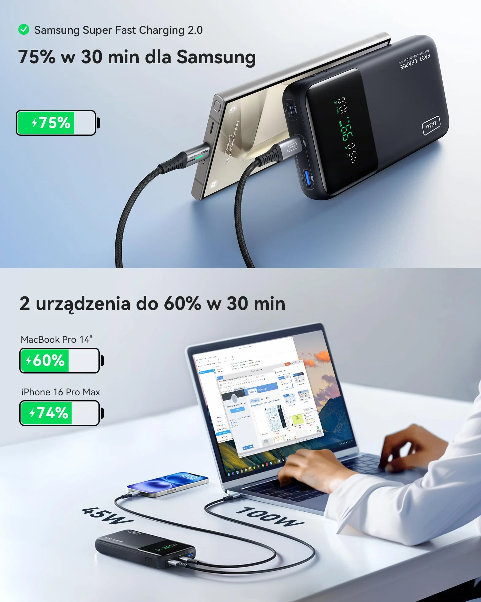 INIU Laptop PowerBank, Szybkie Ładowanie 140W 25000mAh, Mała Zewnętrzna Bateria do Telefonu Komórkowego z Wejściem i Wyjściem USB C do MacBook Pro, Surface, iPad, Kamery, DJI, iPhone 16 15 14 13 itp.