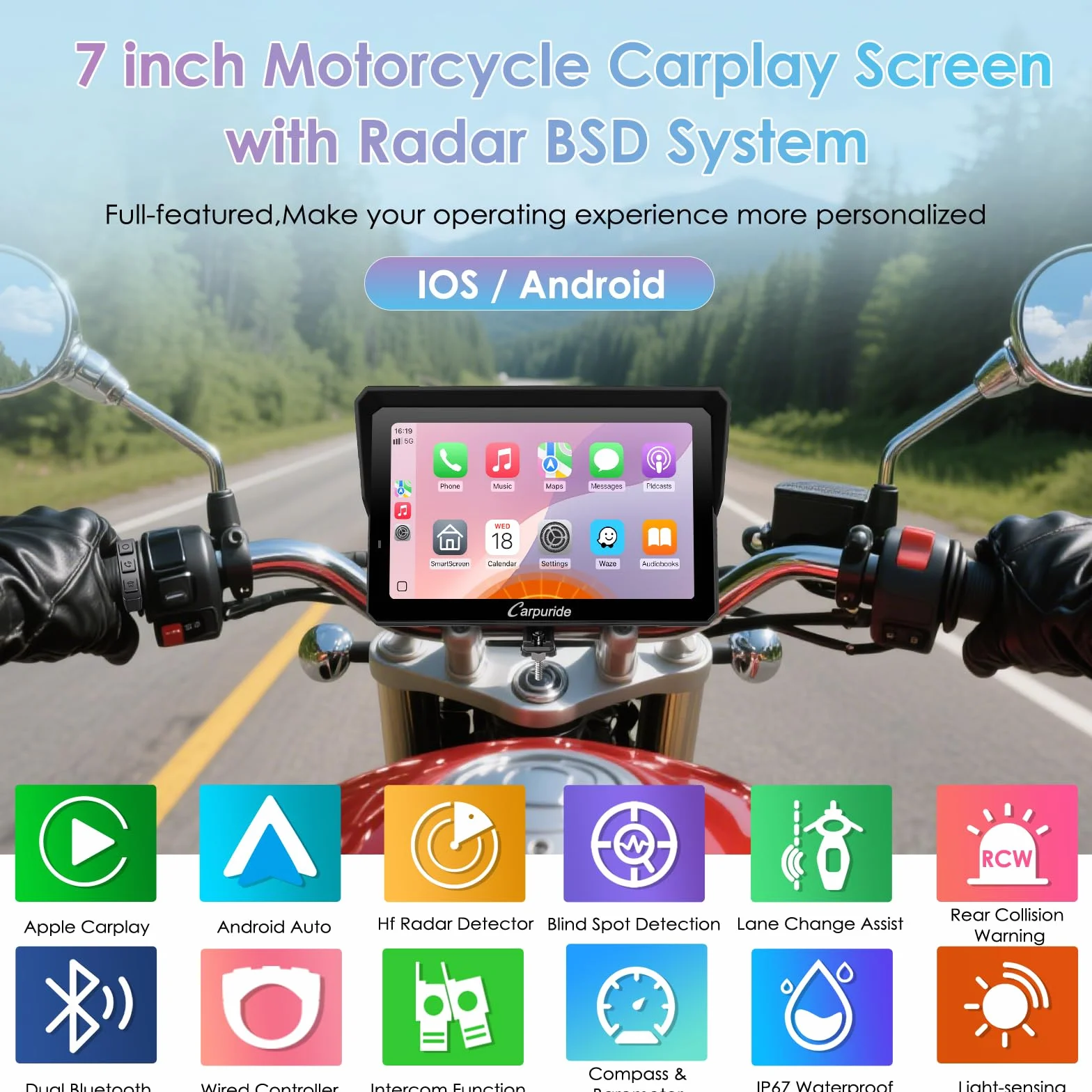 CARPURIDE W702RS Pro Motocykl Carplay Ekran z Radarem BSD Bezprzewodowy Android Auto Wodoodporny 17.8 cm