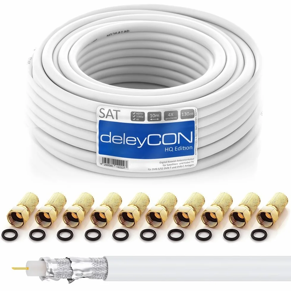 deleyCON kabel koncentryczny SAT 10m 130dB 4-żyłowy ekranowany DVB-S S2 DVB-T DVB-C żyła stal/miedź 4K HDTV