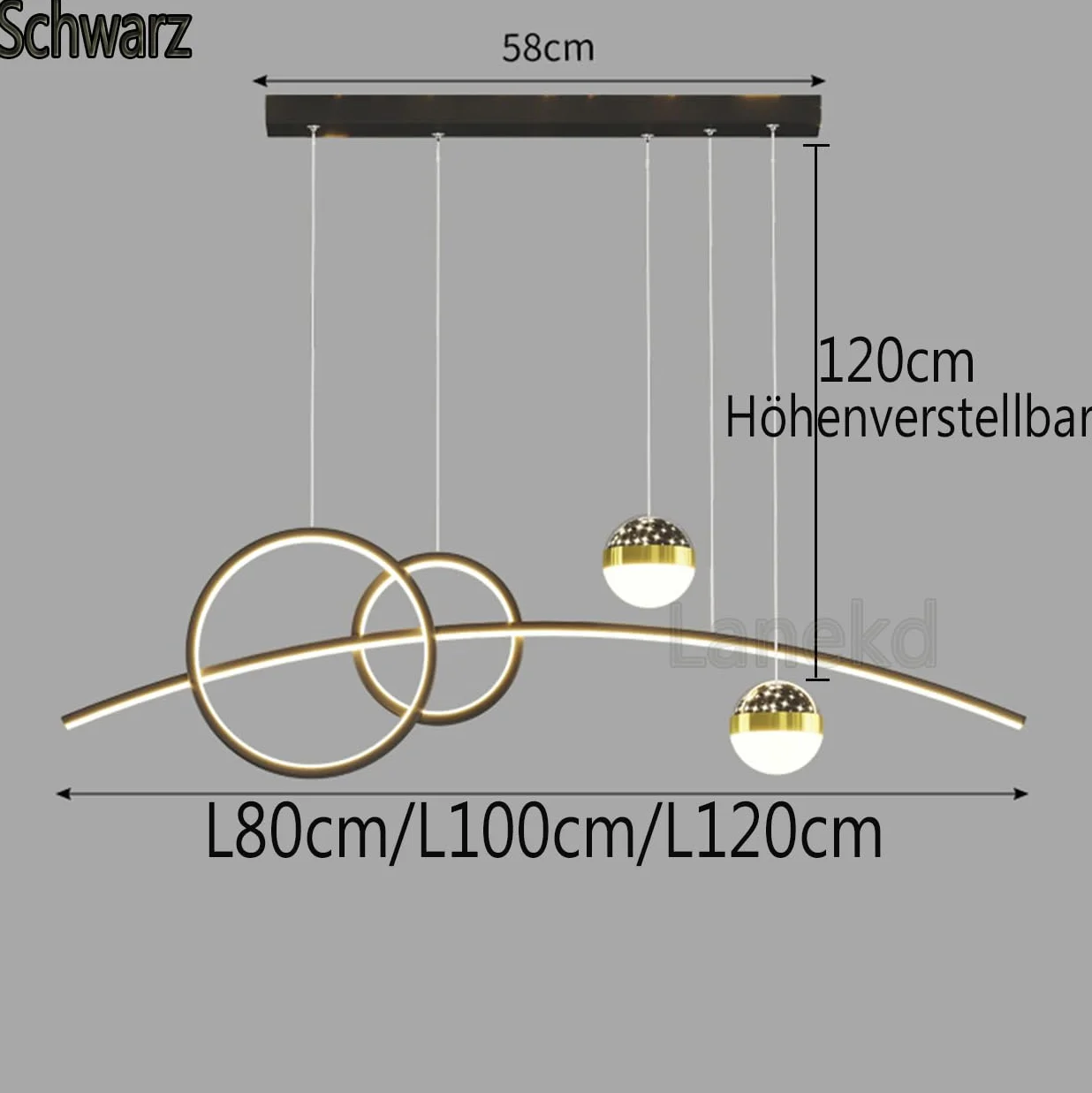 Lanekd Lampa wisząca LED, ściemniana, 45 W, do jadalni, jadalni, salonu, kuchni, wisząca, nowoczesny pierścień, designerski żyrandol z pilotem zdalnego sterowania (czarna, dł. 100 cm)