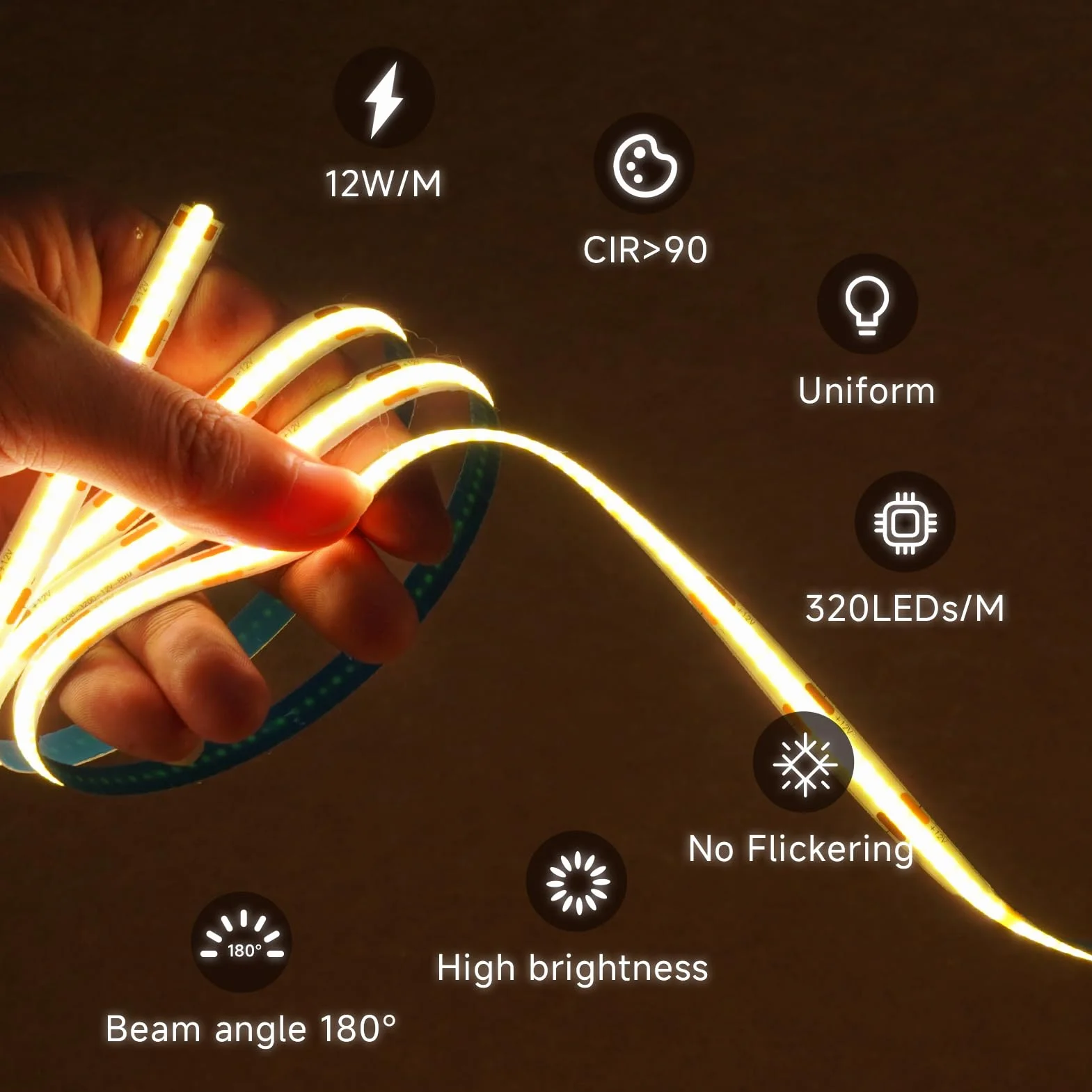 Taśma LED 12 V COB biała 6000 K, 5 m samoprzylepna taśma LED 320 LEDS/M 8 mm szerokość CRI90+ elastyczna taśma LED jasne oświetlenie podszafkowe do telewizora, dekoracja DIY (bez zasilacza)