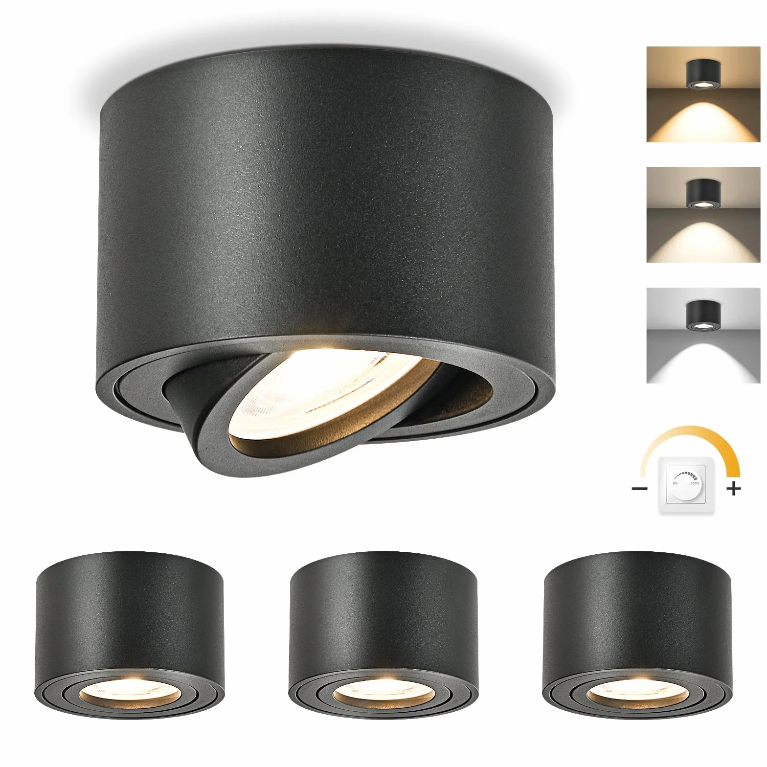 GeyouLux Ściemnialna lampa sufitowa LED, 5 W, Ø80 x 50 mm 3000 K/4000 K/6500K, obrót o 30° Spot łazienkowy, okrągły aluminiowy czarny reflektor sufitowy LED, 4 sztuki