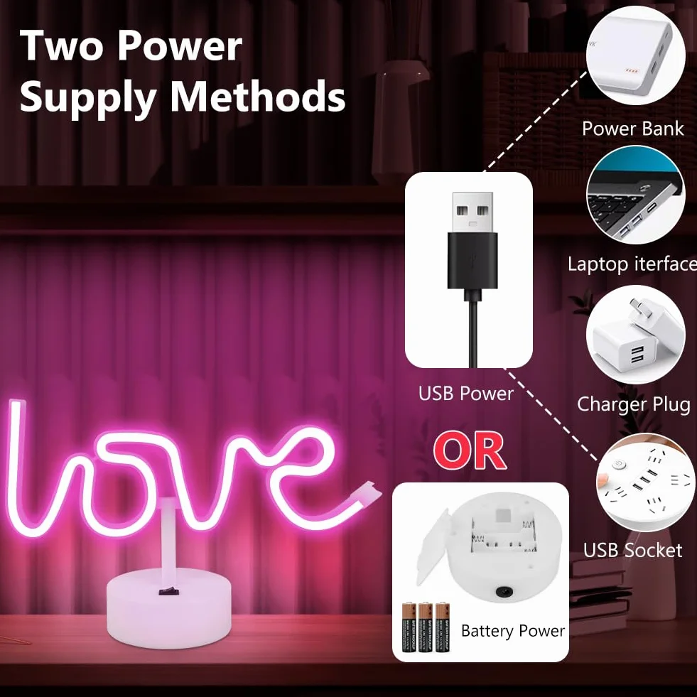 HOTUT Neon z podstawą, LOVE neonowe znaki, Podświetlana dekoracja neonowa LED, zasilane bateriami USB lub 3-AA, neonowe światło, dekoracja stołu LED, na Bedroom Birthday Wedding Party