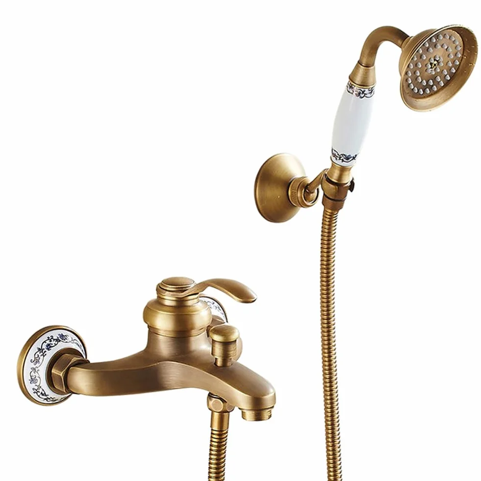 Antyczny mosiężny kran prysznicowy montowany na ścianie, retro pojedynczy uchwyt bateria wannowa z prysznicem ręcznym, wąż 150 cm, armatura łazienkowa w stylu vintage