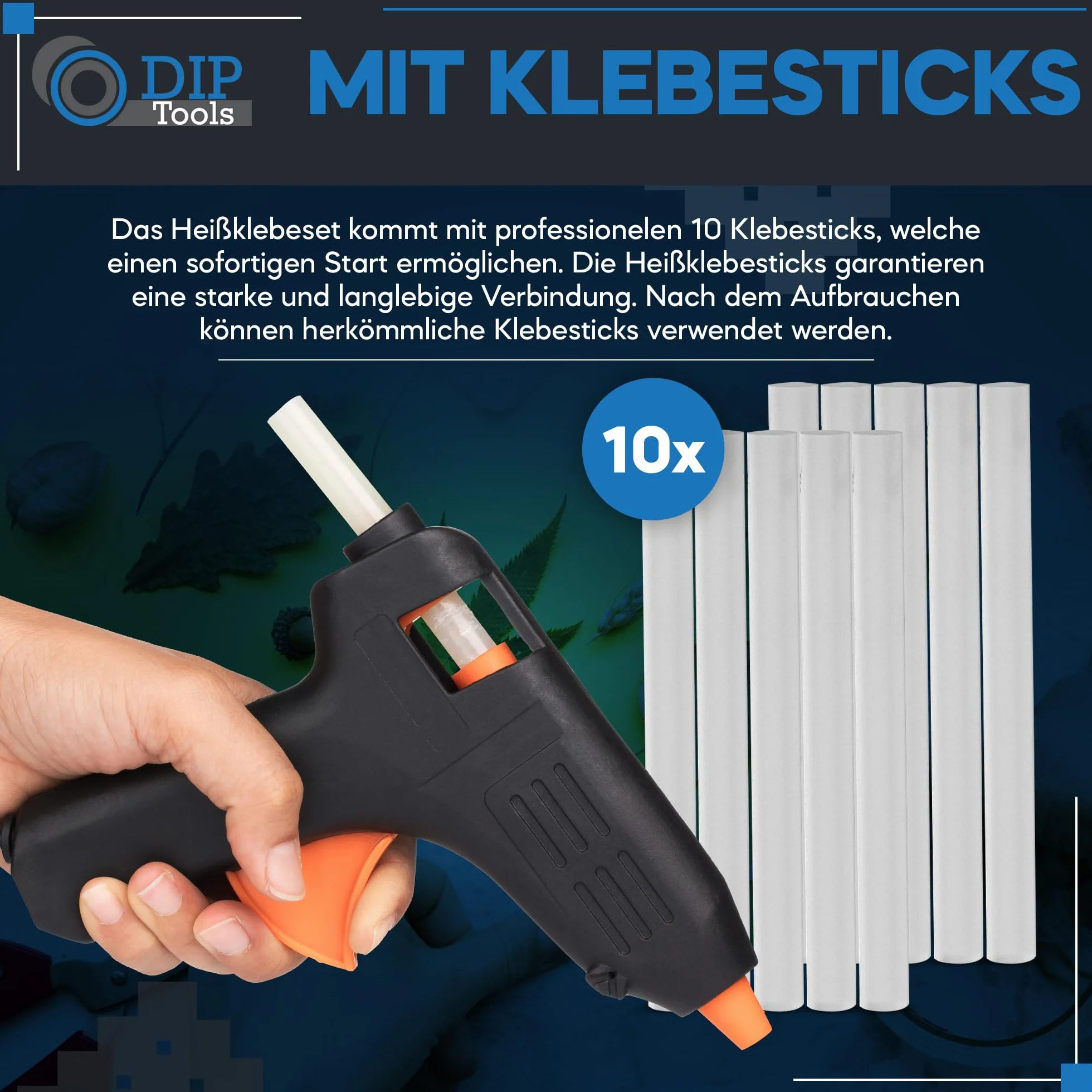 DIP Tools Pistolet do klejenia na gorąco 7.2 mm – pistolet do klejenia na gorąco z 10 wkładami bez rozpuszczalników – Glue Gun zabezpieczony przed wyciekiem, idealny do majsterkowania, dekorowania