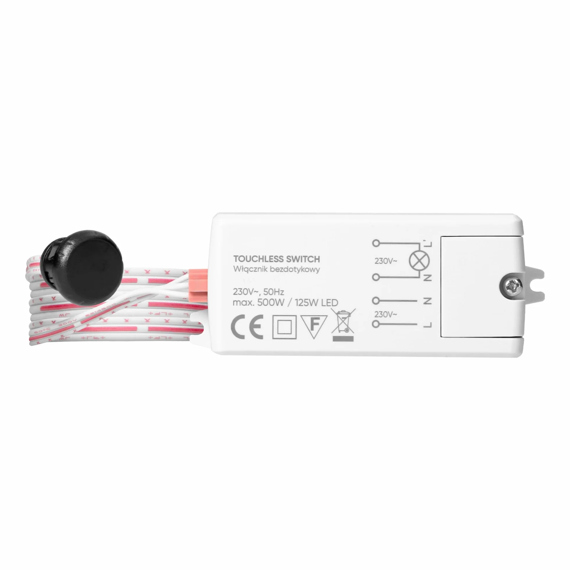 Włącznik Bezdotykowy Dwubiegunowy do Sterowania Oświetleniem Standardowym i LED Montaż do Puszki Ø13 mm Zasięg Detekcji max.5 cm IP20
