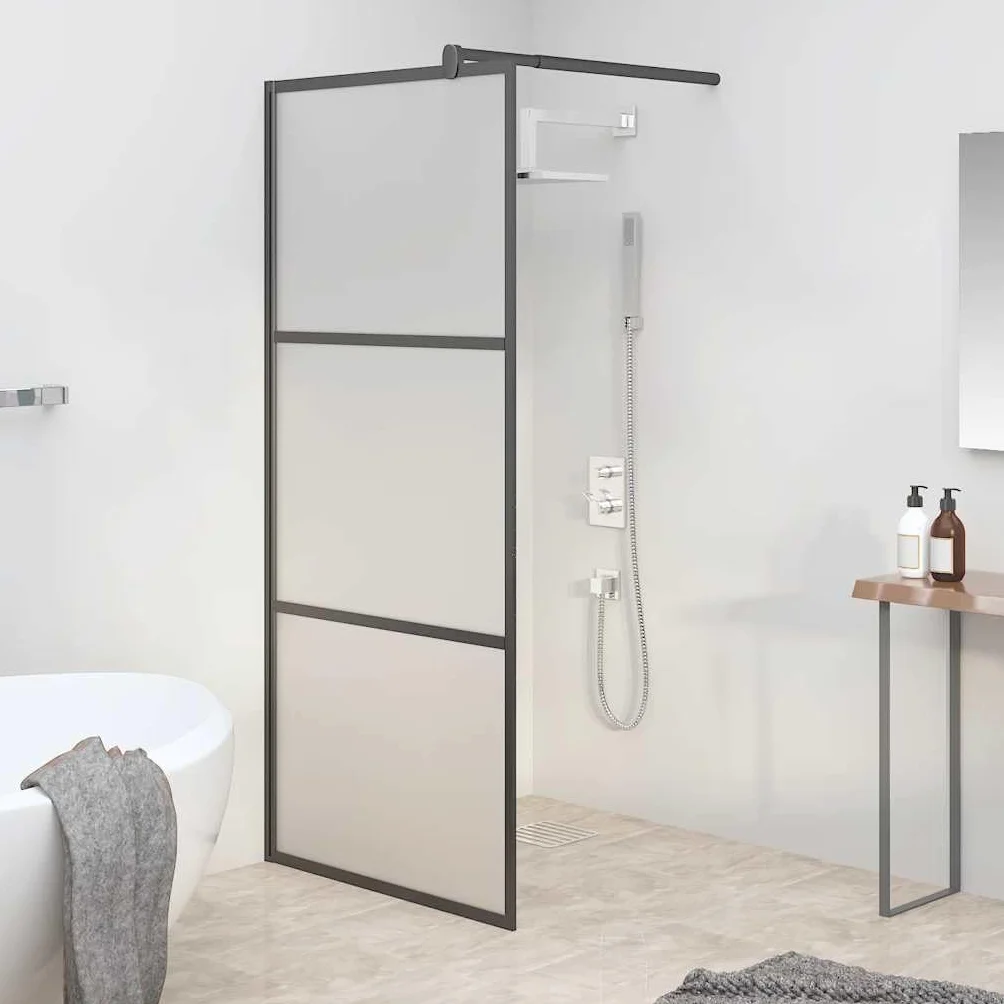 Ścianka prysznicowa Walk-in, 90 x 195 cm, matowe szkło ESG, czarna, aluminiowa rama, regulowana, ochrona przed pryskaniem, ścianka boczna łazienka, sanitarna z drążkiem podporowym i profilem do