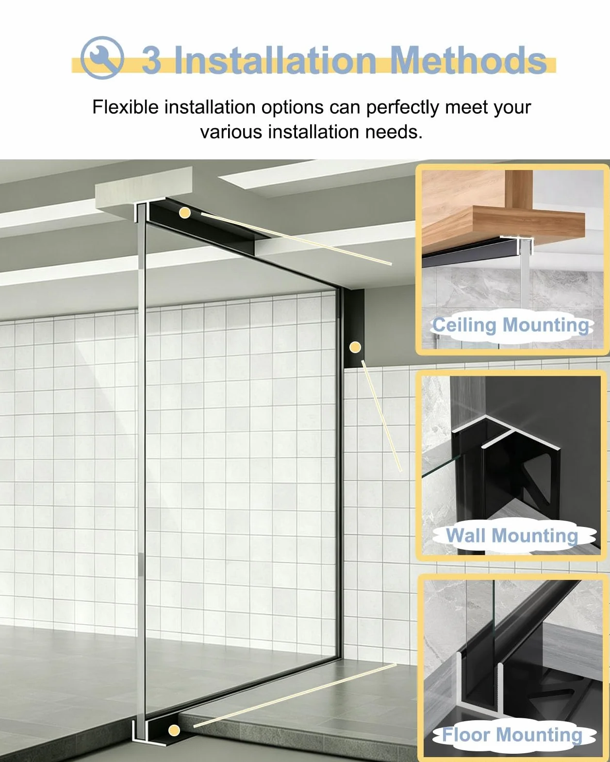 Profil Typu U do Szkła Profil Aluminiowy Typu F do Szkła Bezramowego | Profil Mocujący Krawędź, Szczelina Montażowa Ścianki Działowej w Łazience(Black,L2.6m(8.5ft))