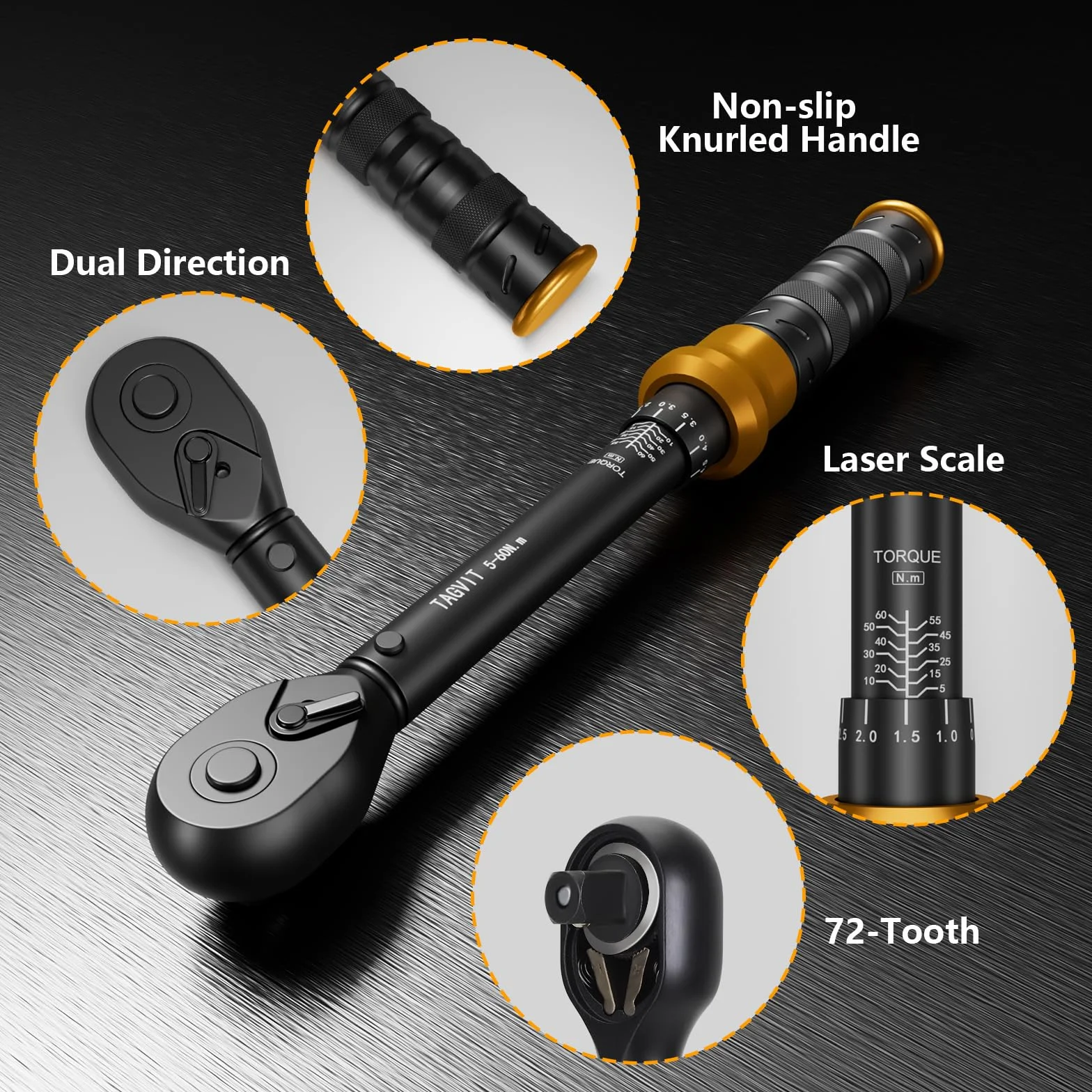 Klucz dynamometryczny 3/8", 5-60 Nm, dokładność ± 3%, 9 sztuk kluczy dynamometrycznych z przedłużką 250 mm, magnetycznym gniazdem świecy, adapterem i gniazdkiem, do zmiany świec samochodowych
