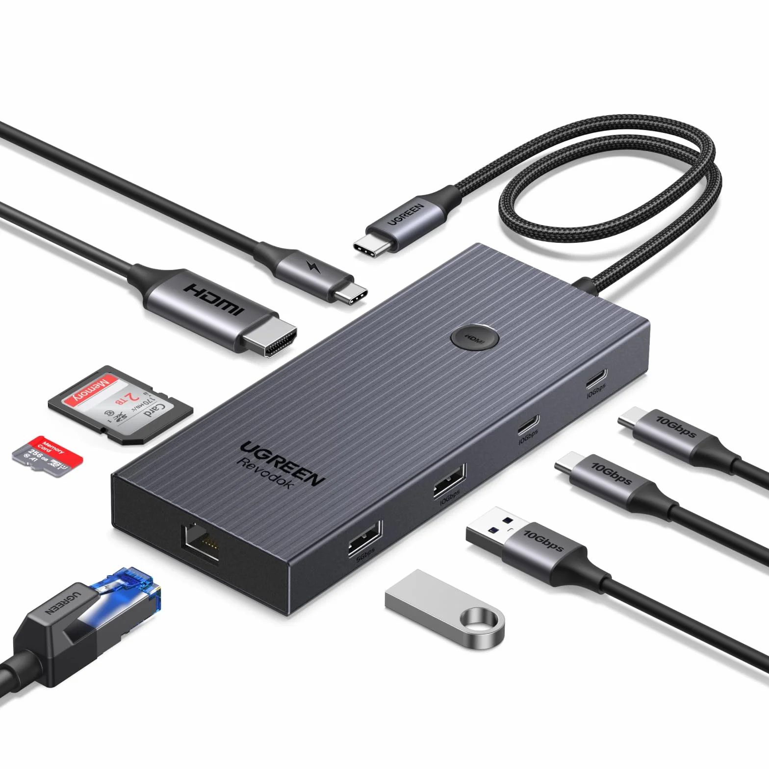 UGREEN Revodok Pro 1091 koncentrator USB C 10 Gbps 4K HDMI Gigabit Ethernet USB 3.2 czytnik kart SD/TF PD 100 W
