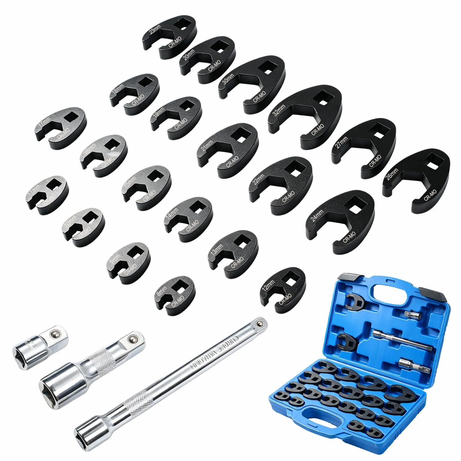 Zestaw 24-częściowy klucz do koguta, 1/2" 3/8" napęd czworokątny | metryczny 8-32 mm, przedłużenie, uchwyt przegubowy, klucz płaski z pudełkiem do przechowywania, klucz nasadowy moment obrotowy