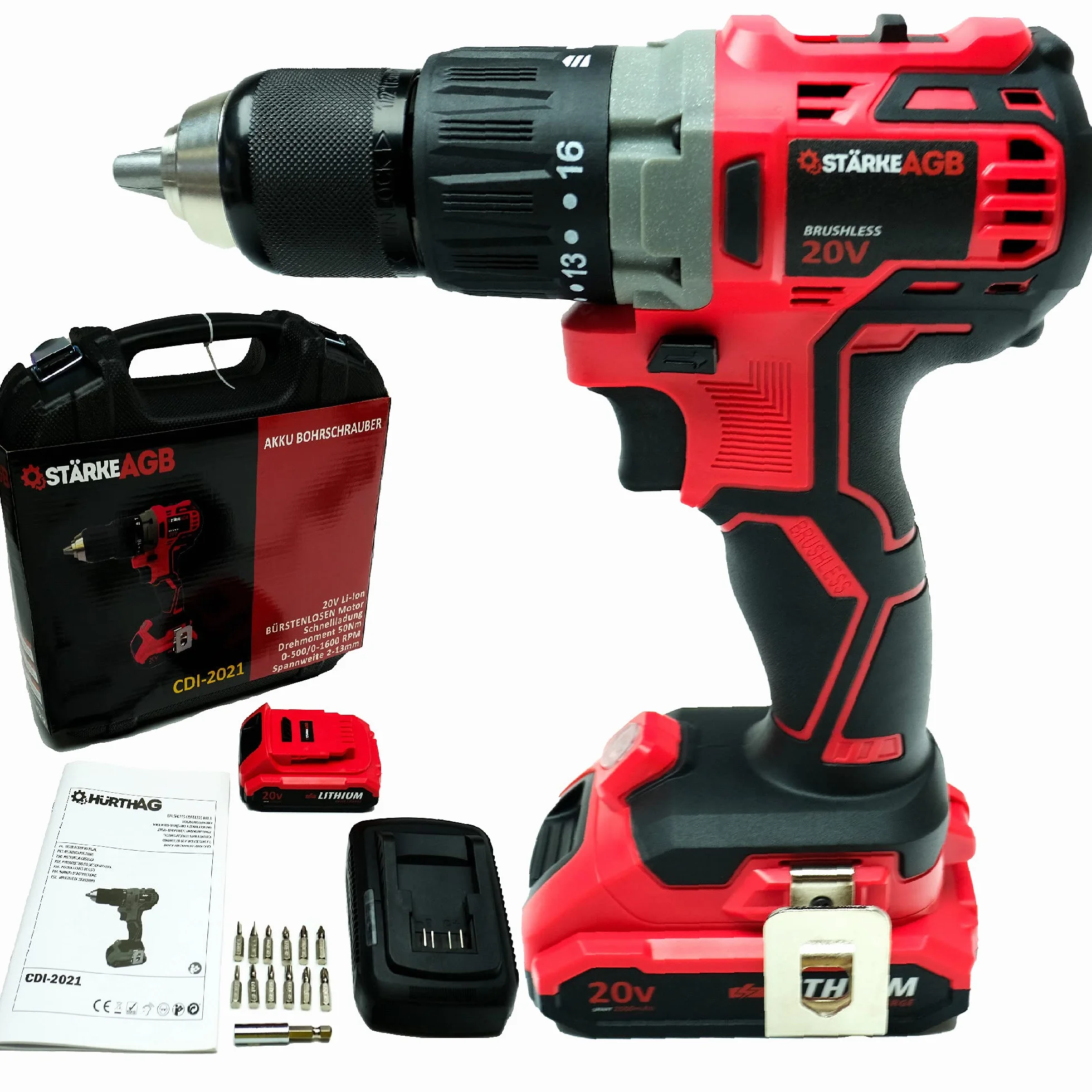 StärkeAGB CDI-2021 Wiertarko-Wkrętarka Akumulatorowa Bezszczotkowa 20V z Udarem, 50Nm, Zestaw 2x Akumulator Li-Ion 2.0Ah, Uchwyt Metalowy 13mm, Walizka i Akcesoria