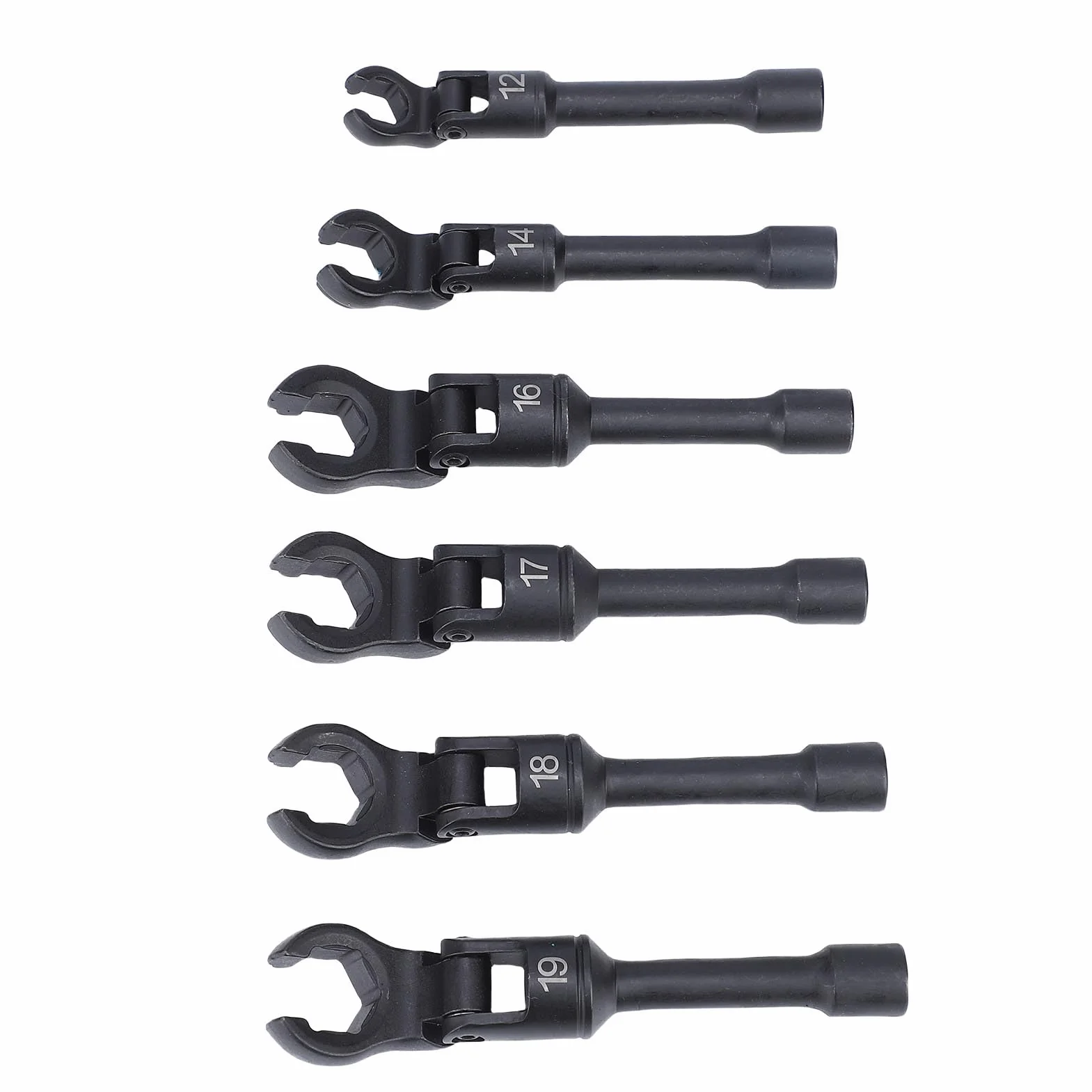 Zestaw kluczy płasko-oczkowych z długą elastyczną głowicą, napęd 3/8 cala |6 elementów metrycznych, 12-19 mm, do przewodów paliwowych i hamulcowych |Elastyczna głowica 180° do