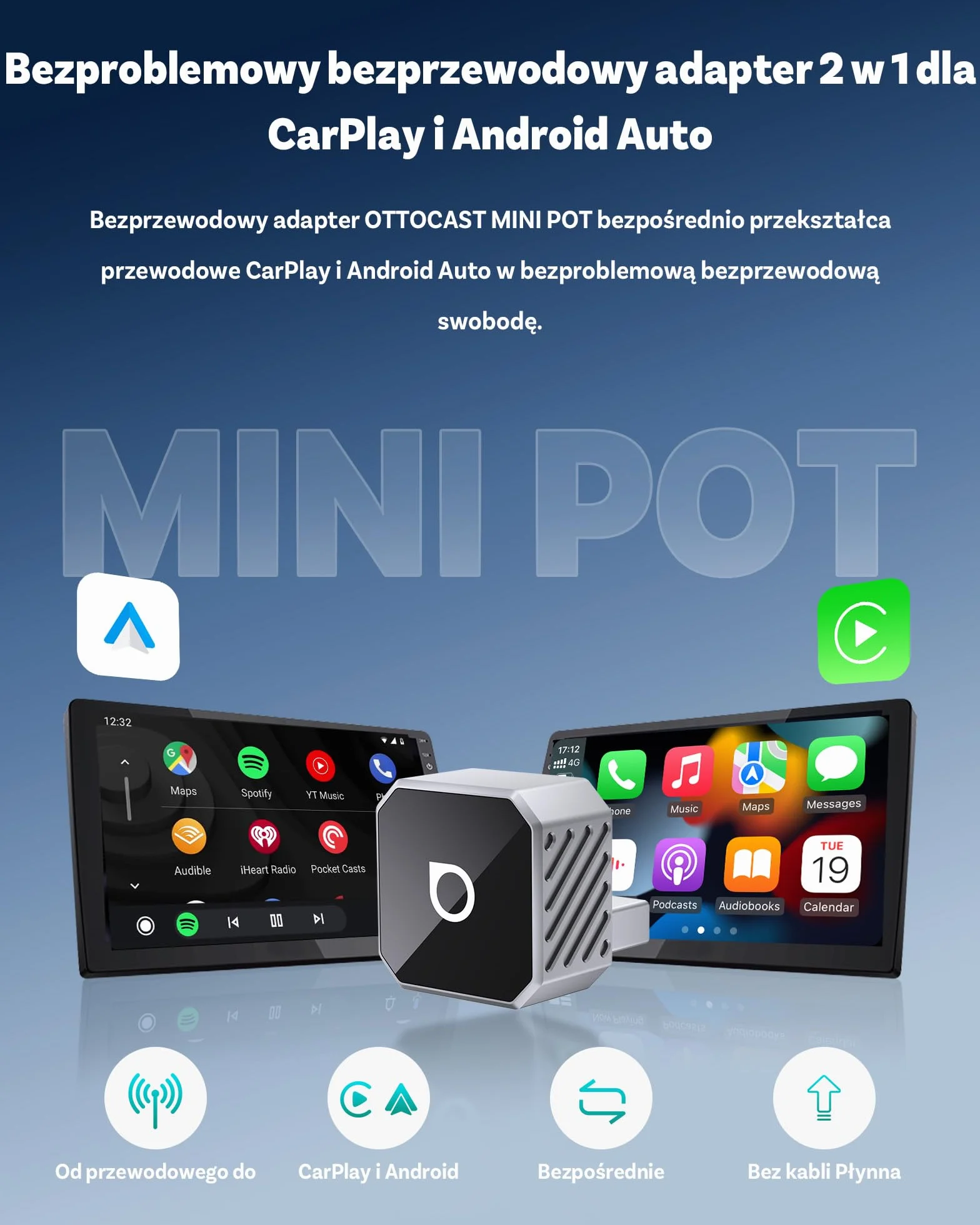 2026 Upgrade Ottocast Mini Cube, Bezprzewodowy Adapter CarPlay & Android Auto, Plug & Play, 2.4G+5G, Automatyczne Ponowne Połączenie, Kompatybilny z autami po 2016 z przewodowym CarPlay/Android Auto