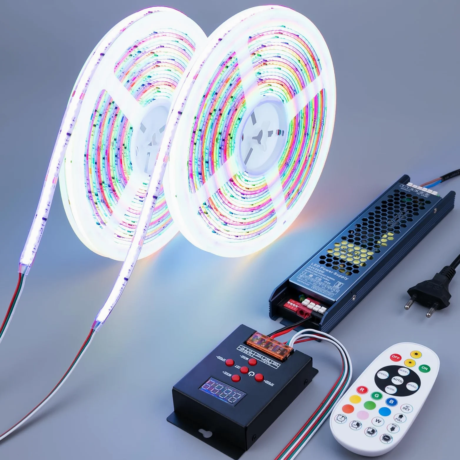 BENLUN Taśma LED COB WS2811 24V 20M (10M X 2), RGB+IC Światła Taśmowe z Efektem Przeciągania Kolorów z Pilotem i Zasilaczem do Dekoracji Pokoju, Kuchni, Panel Akustycznych, Gaming