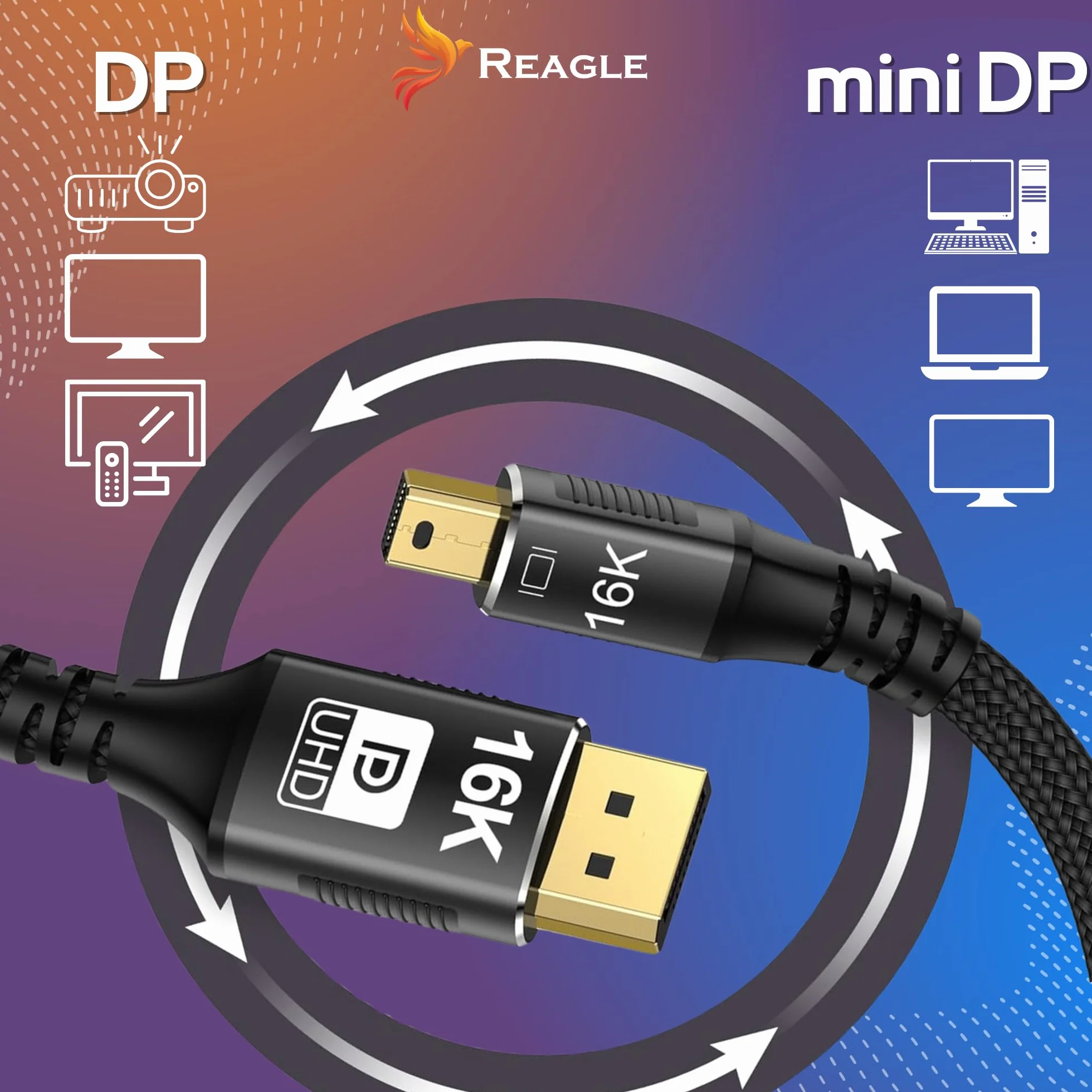 Reagle Kabel Mini DisplayPort DP 2.1 PRO 16K 4K 144 Hz 3M Oplot Nylonowy Pozłacany Wtyk